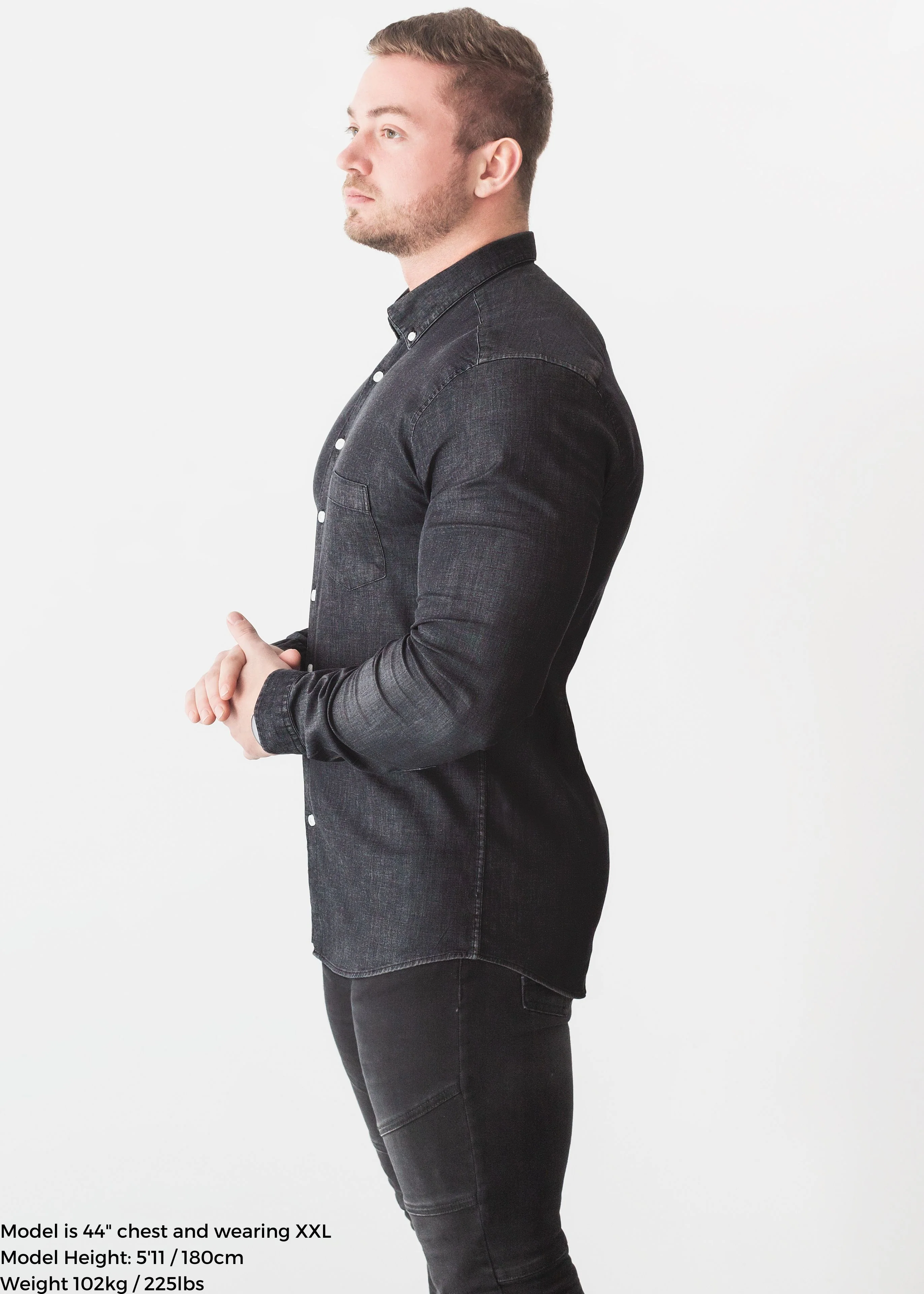 Black Denim Tapered Fit Shirt - Image 7