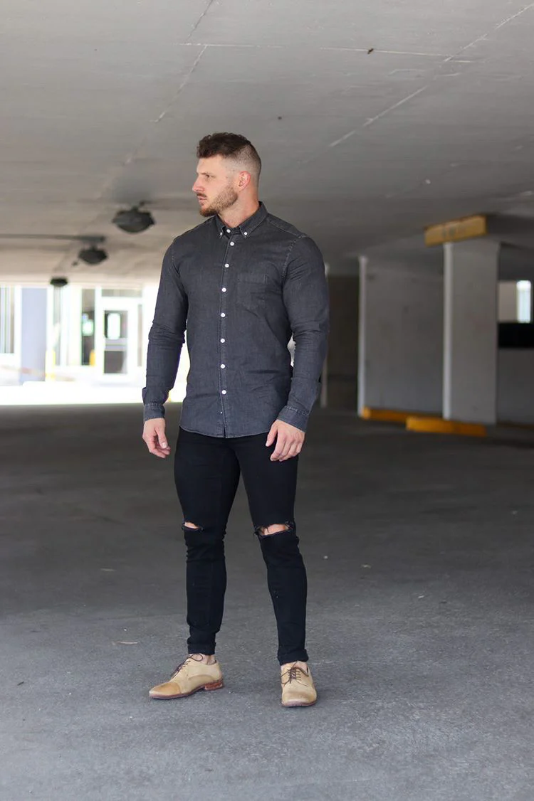 Black Denim Tapered Fit Shirt - Image 9