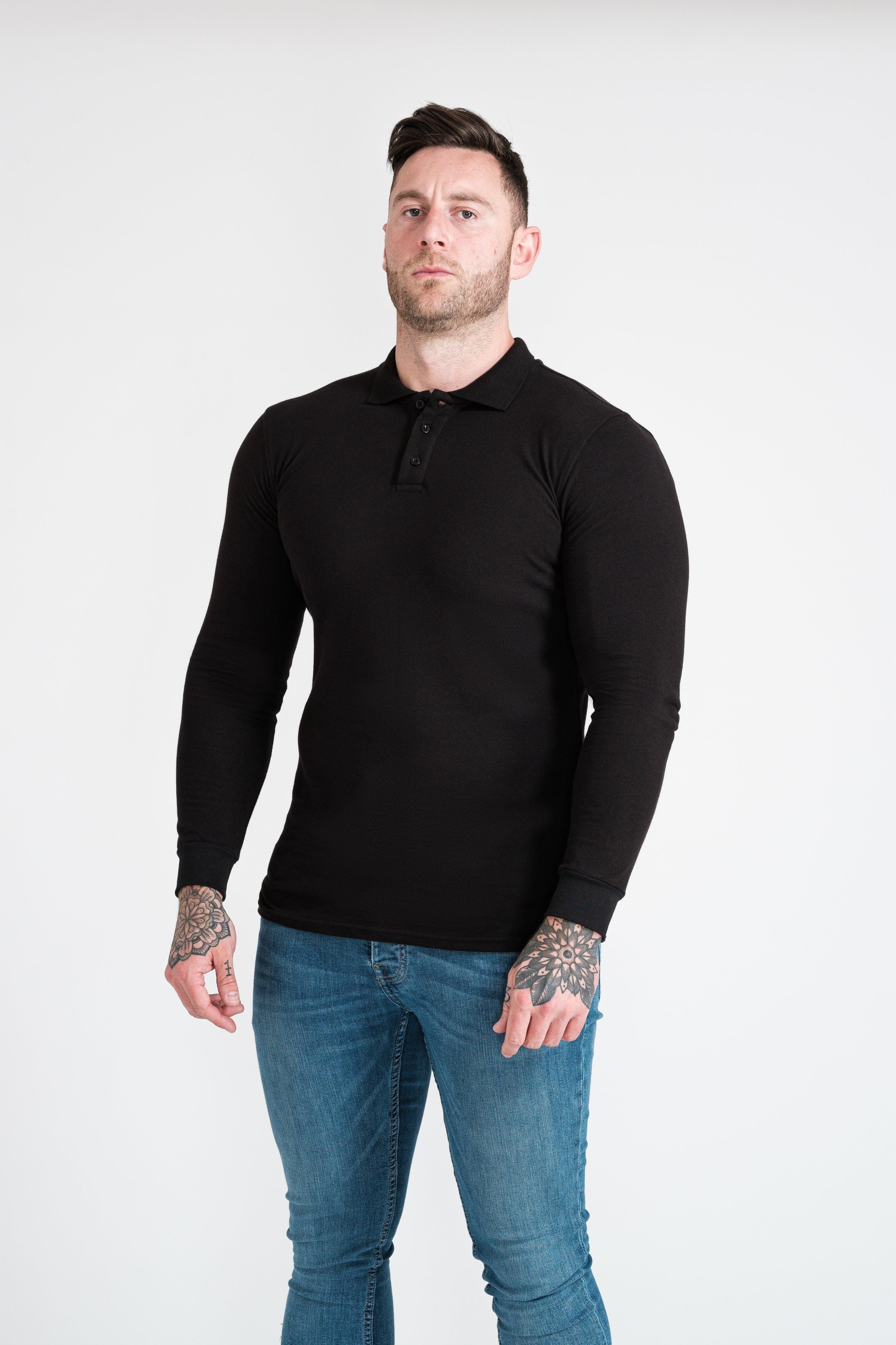 Long Sleeve Black Tapered Fit Polo Shirt - Image 4