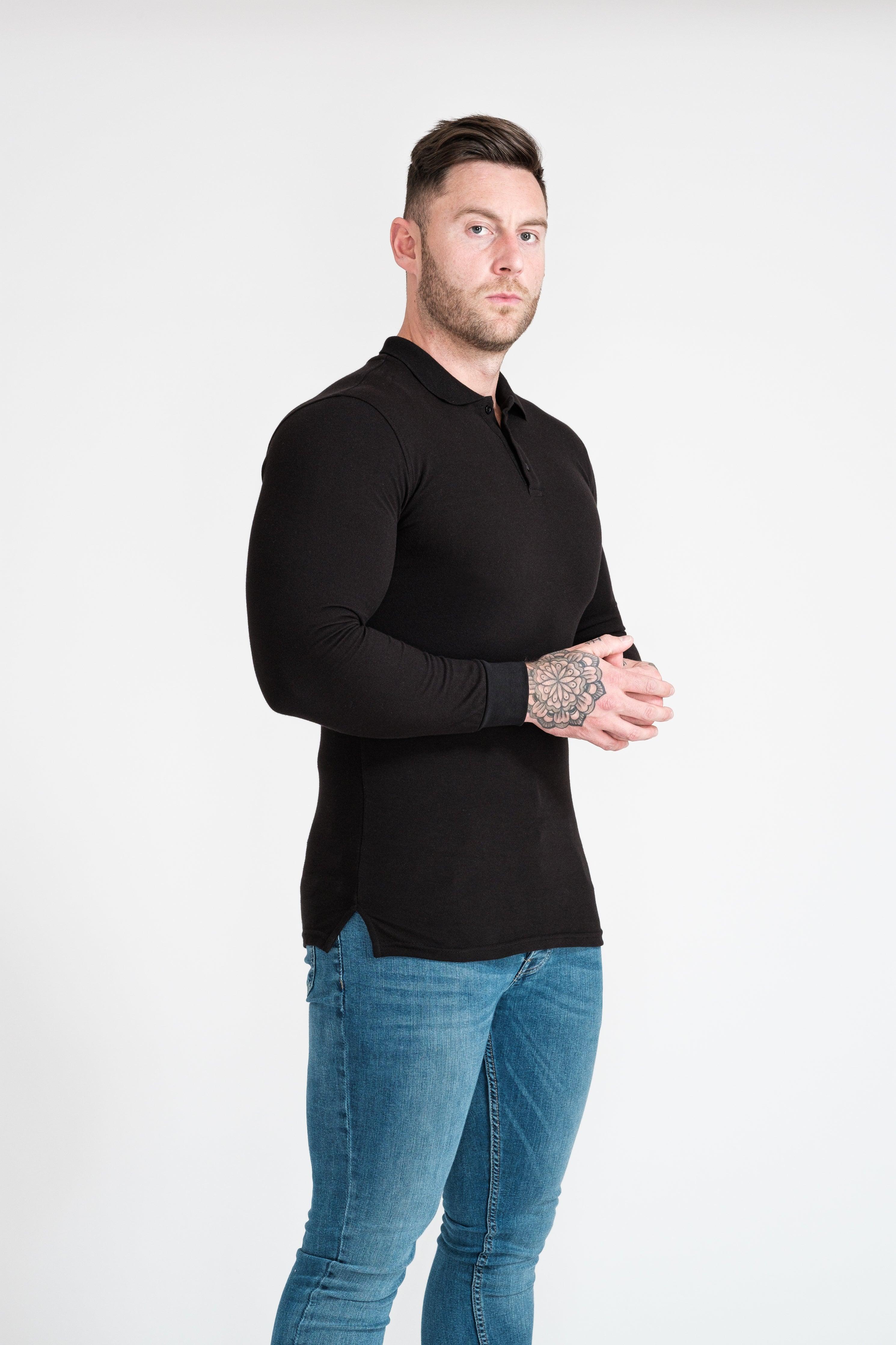 Long Sleeve Black Tapered Fit Polo Shirt - Image 5