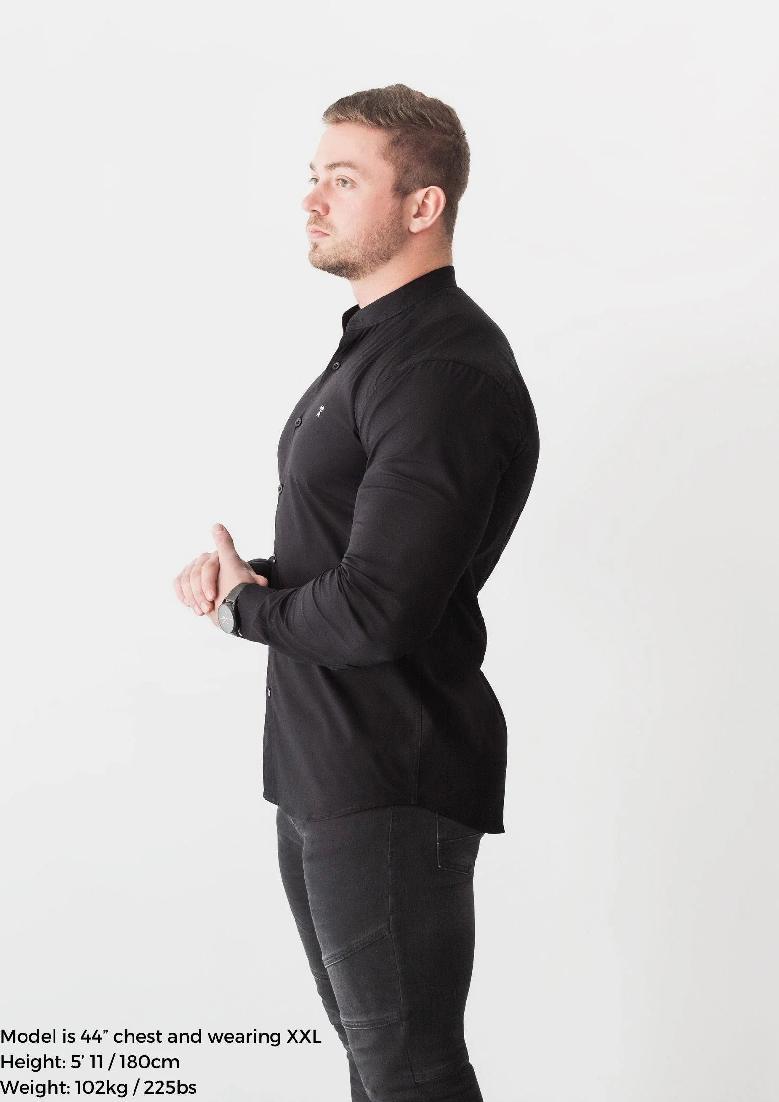 Grandad Collar Black Tapered Fit Bodybuilder Shirt - Image 3