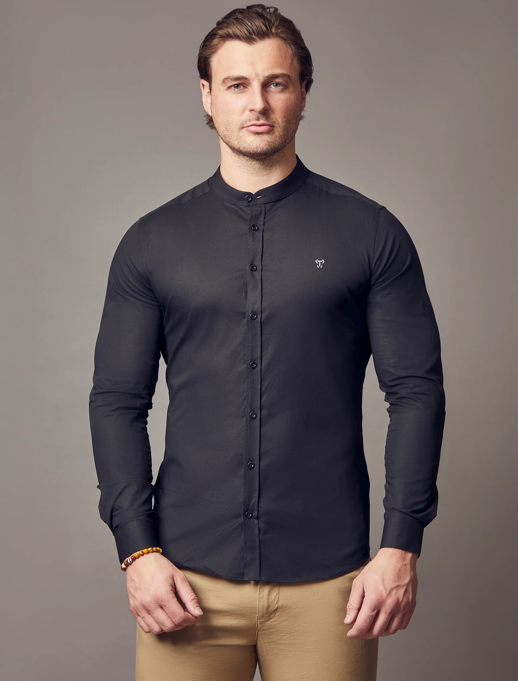 Grandad Collar Black Tapered Fit Shirt - Image 3