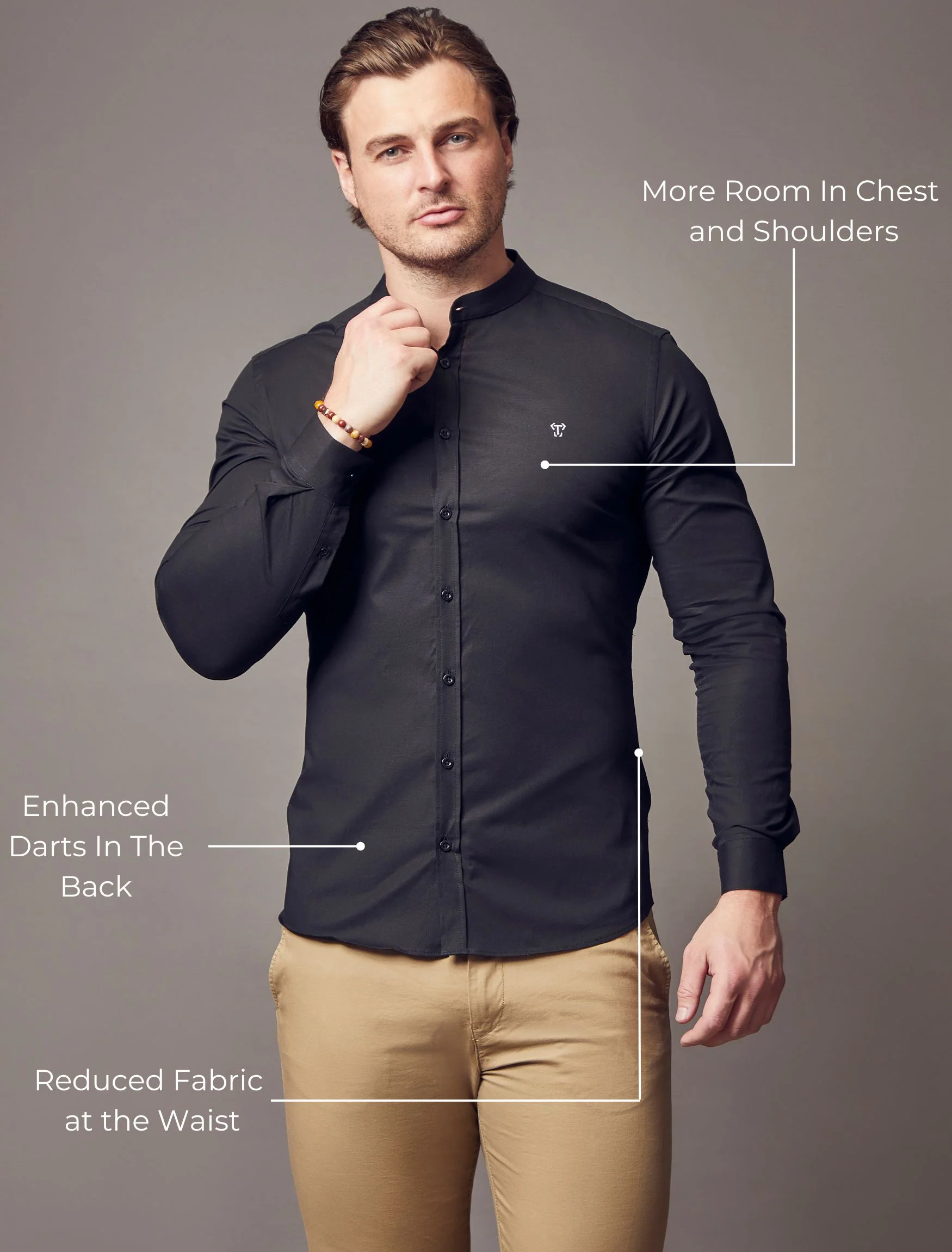 Grandad Collar Black Tapered Fit Shirt - Image 5