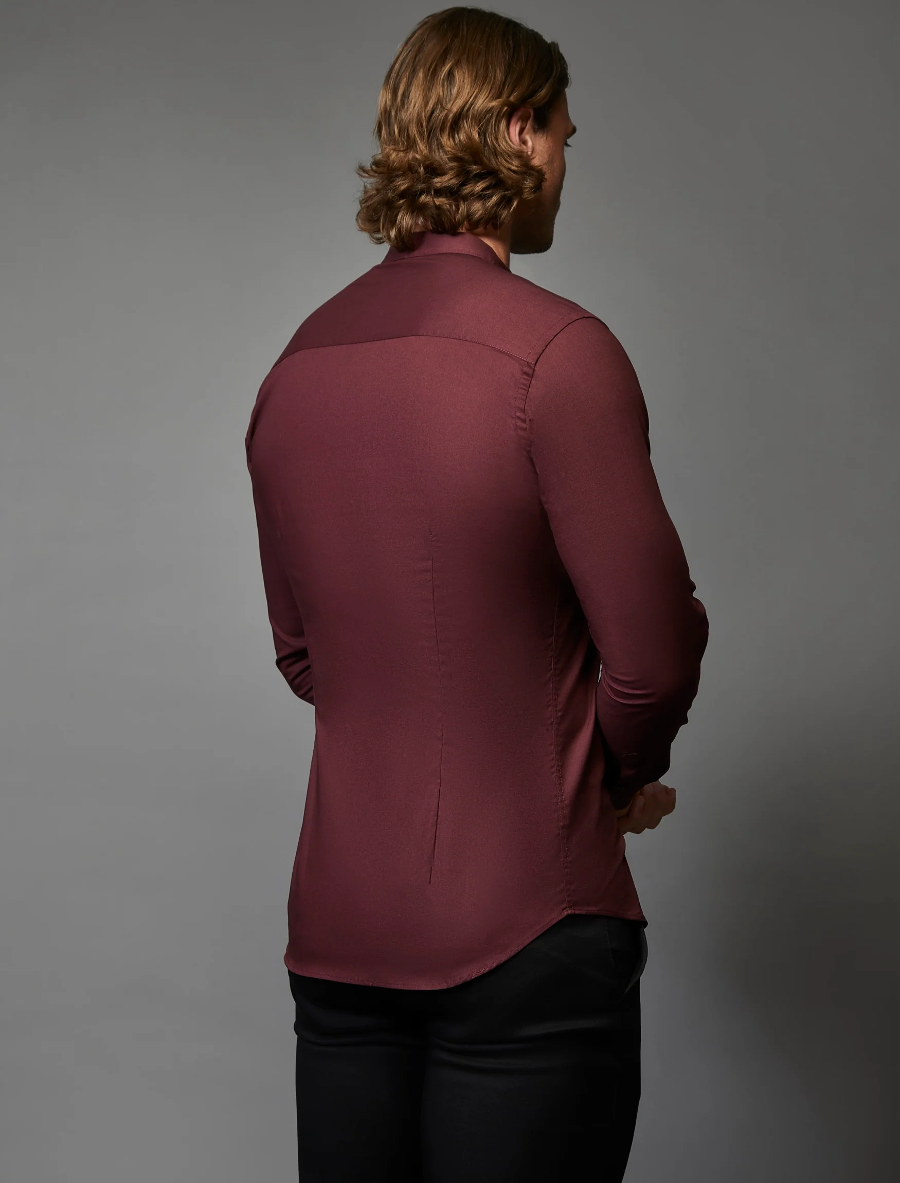 Grandad Collar Burgundy Tapered Fit Shirt - Image 4