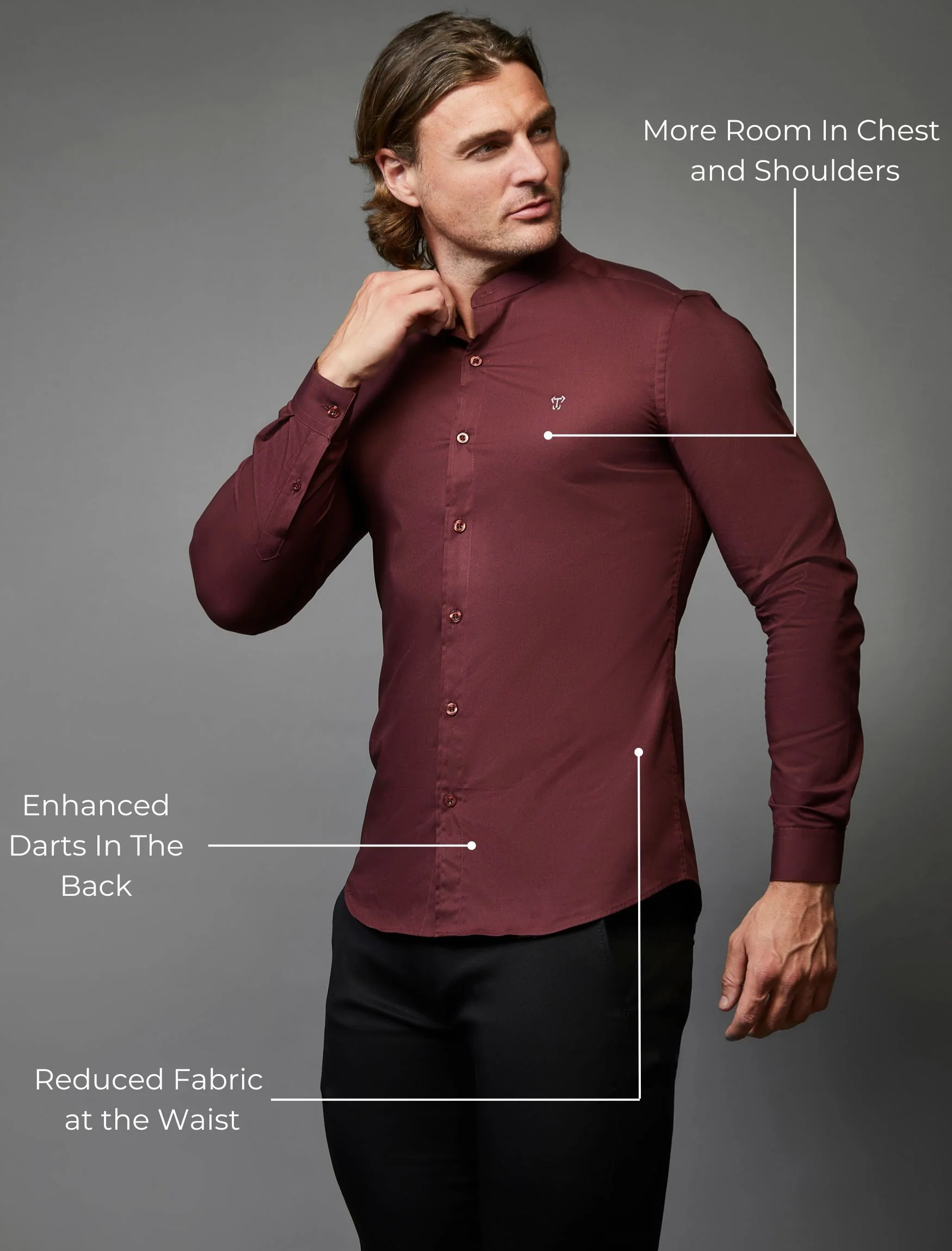 Grandad Collar Burgundy Tapered Fit Shirt - Image 5