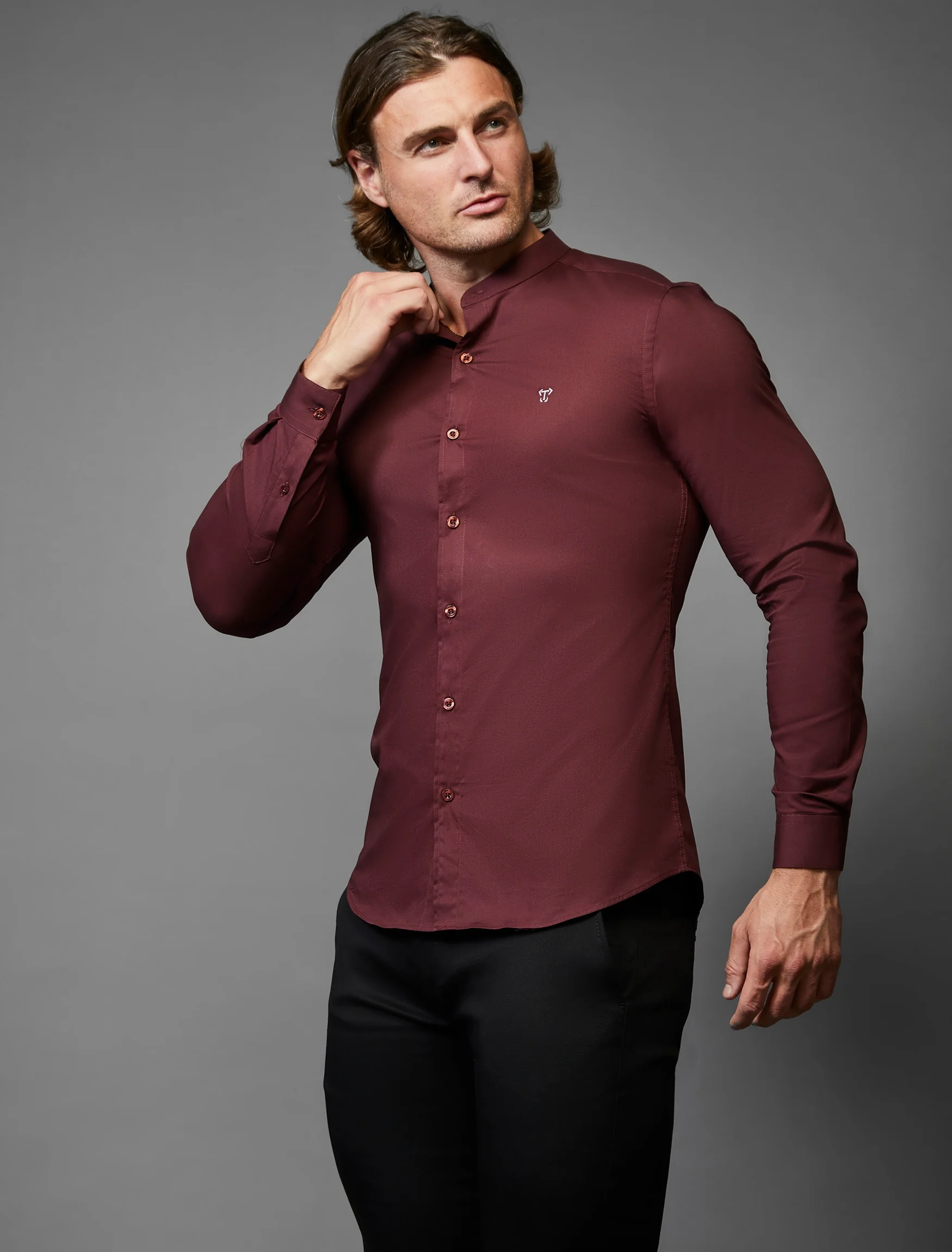 Grandad Collar Burgundy Tapered Fit Shirt - Image 6