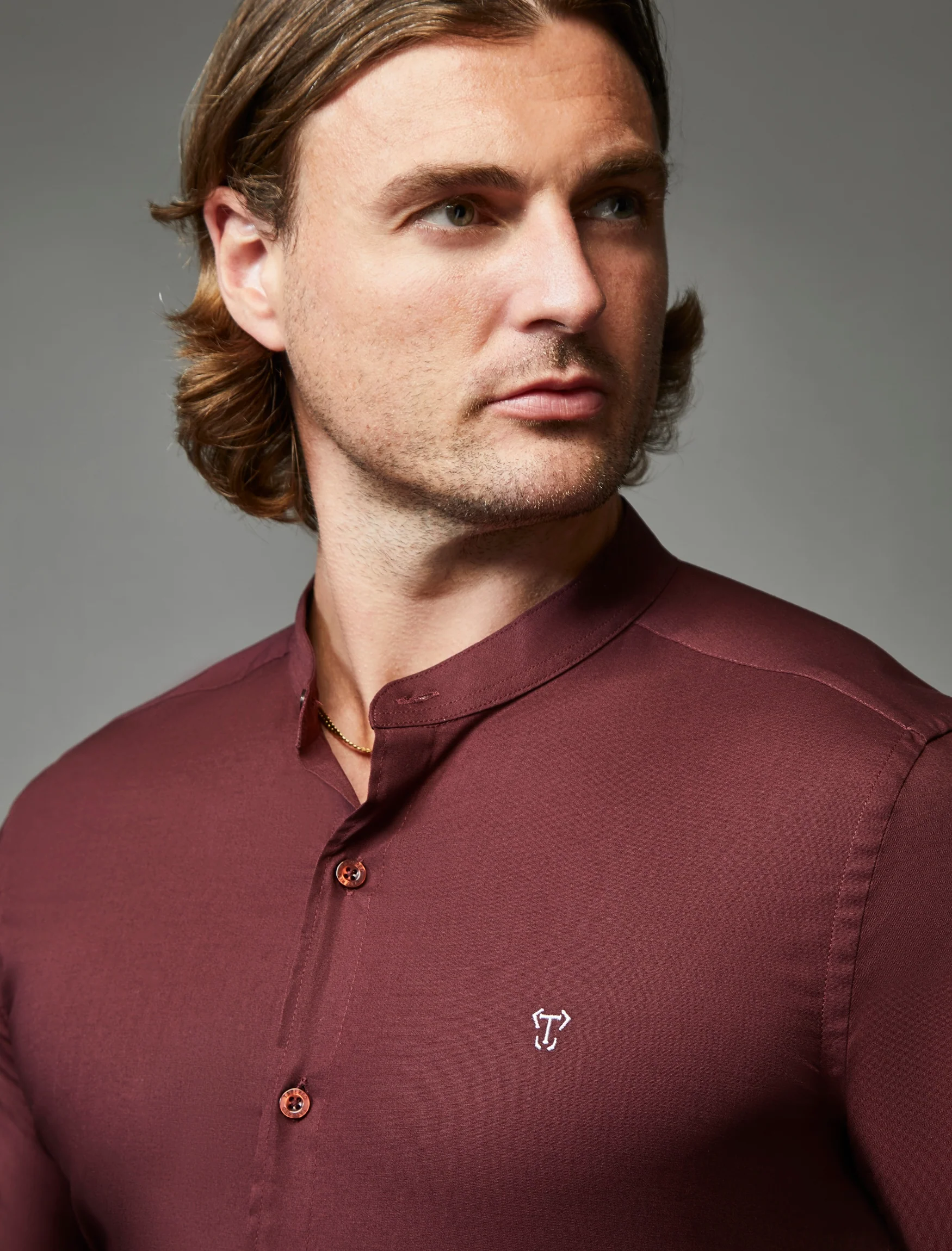 Grandad Collar Burgundy Tapered Fit Shirt - Image 7