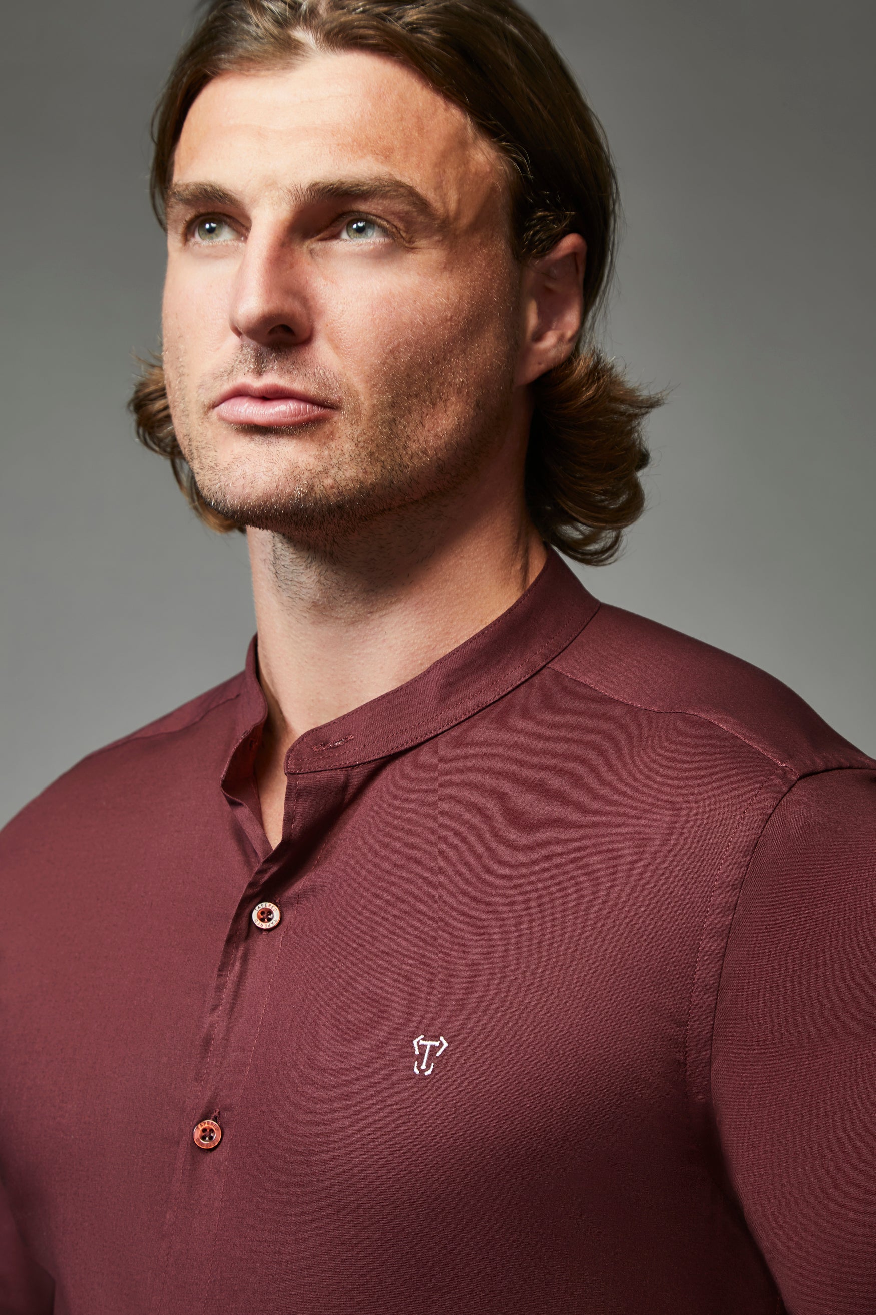 Grandad Collar Burgundy Tapered Fit Shirt - Image 8