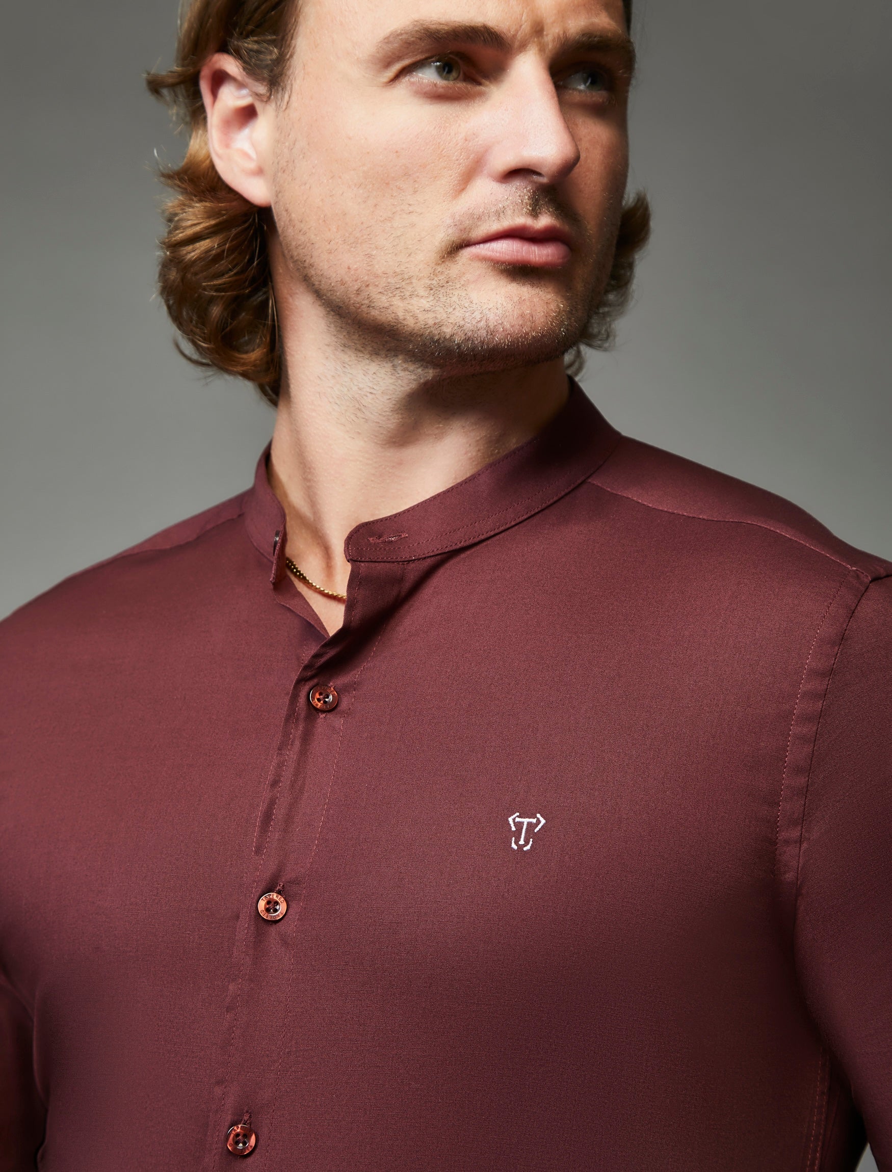 Grandad Collar Burgundy Tapered Fit Shirt - Image 9
