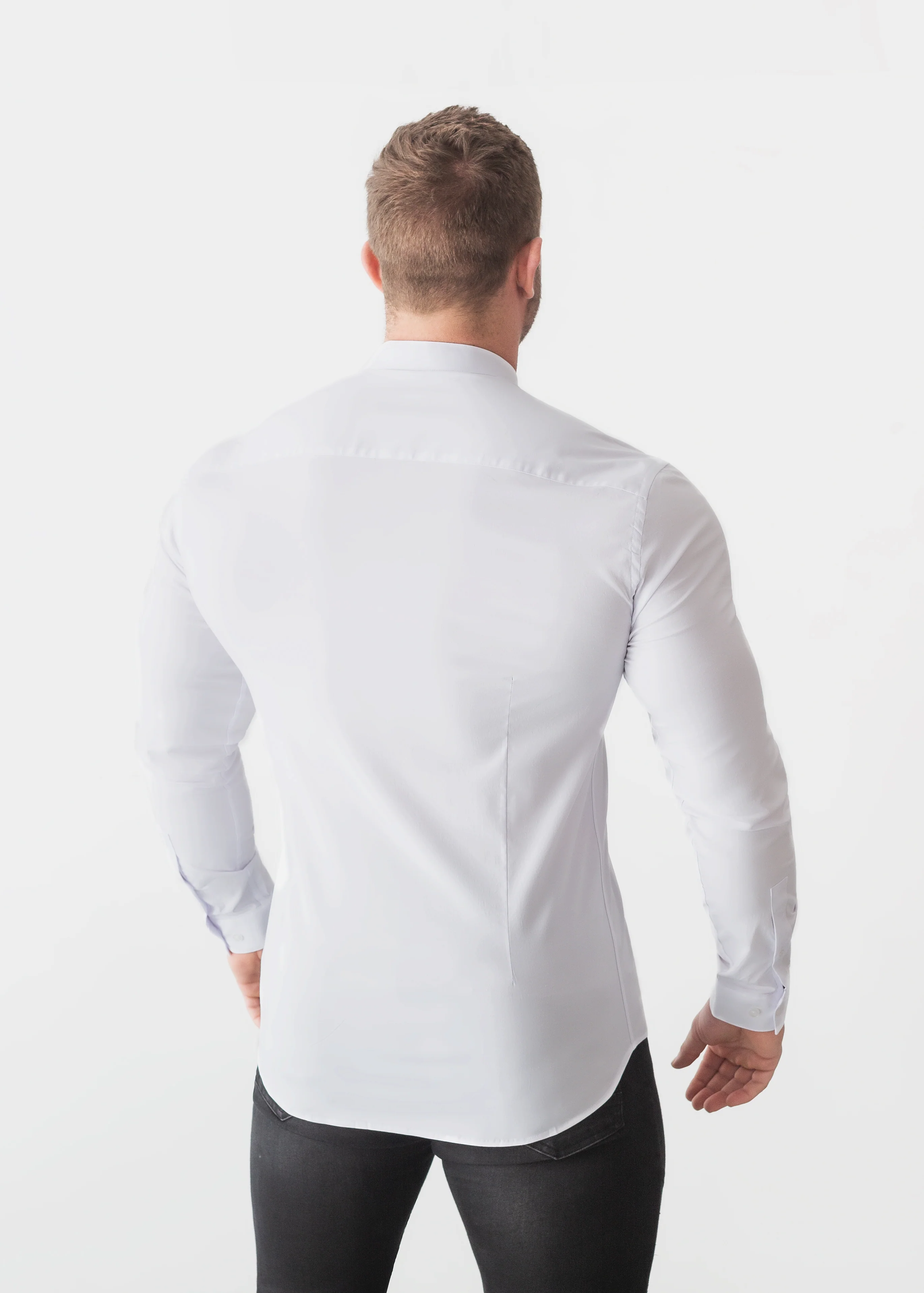 Grandad Collar White Tapered Fit Bodybuilder Shirt - Image 3
