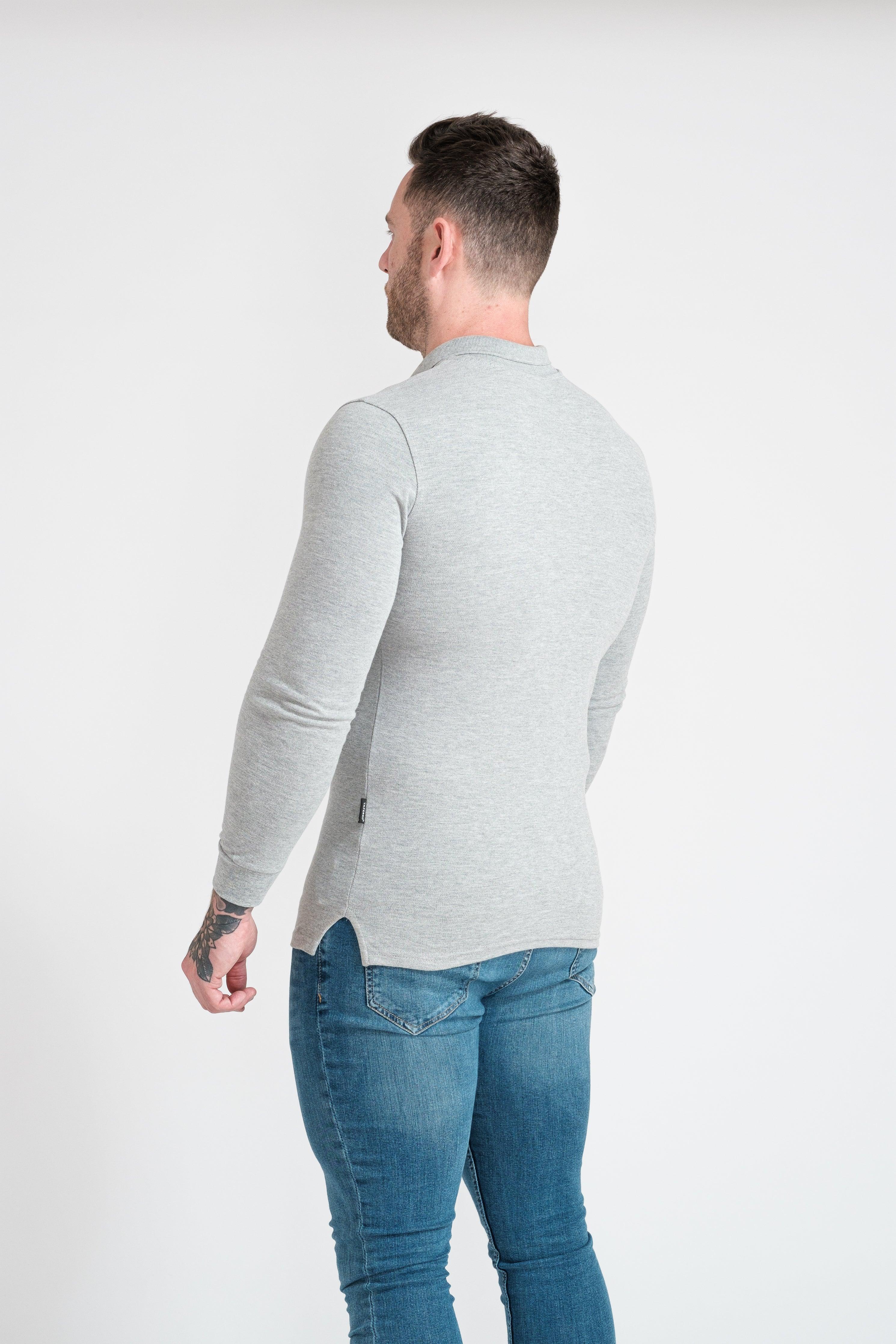 Long Sleeve Grey Tapered Fit Polo Shirt - Image 10