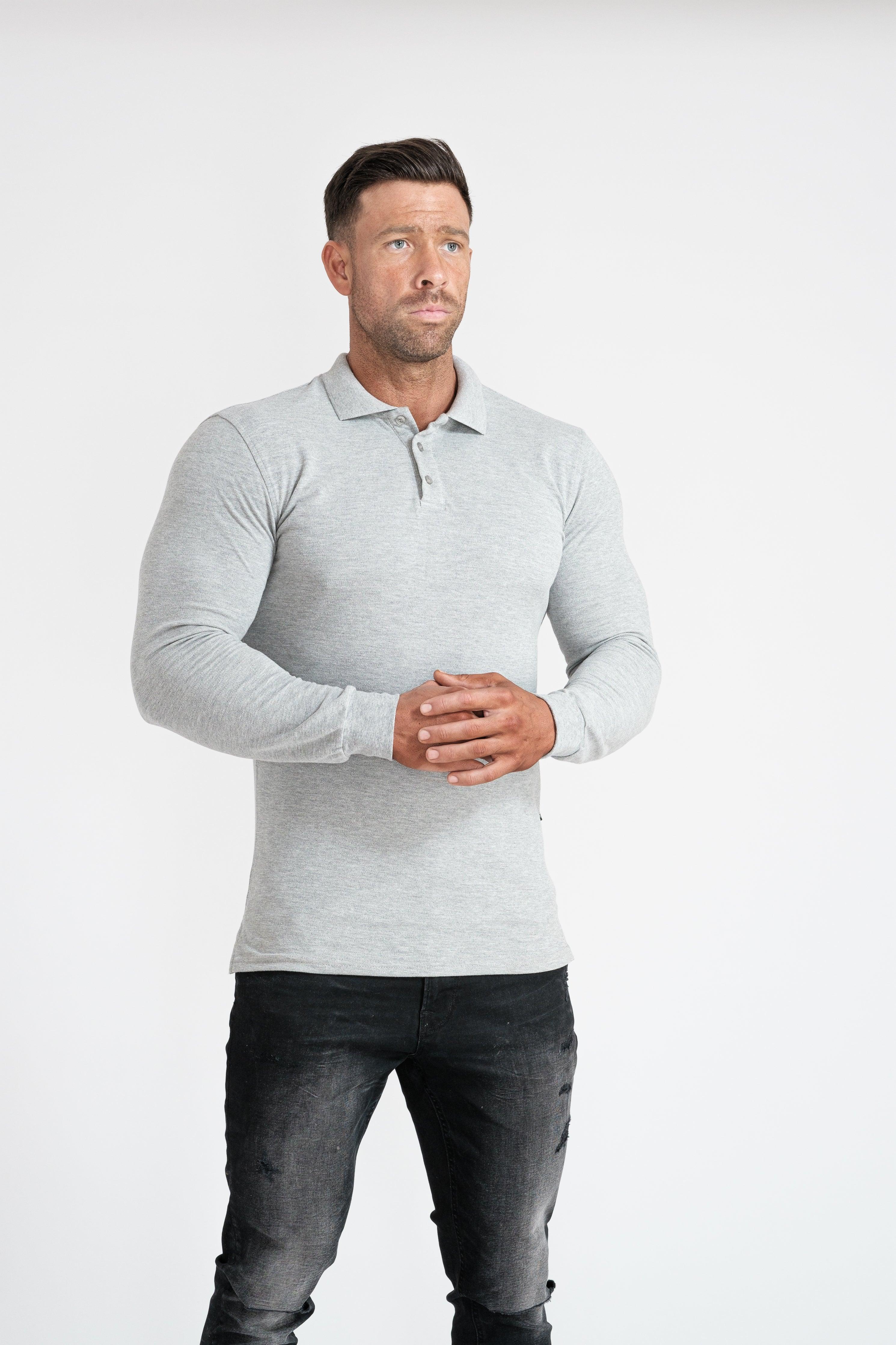 Long Sleeve Grey Tapered Fit Polo Shirt - Image 13