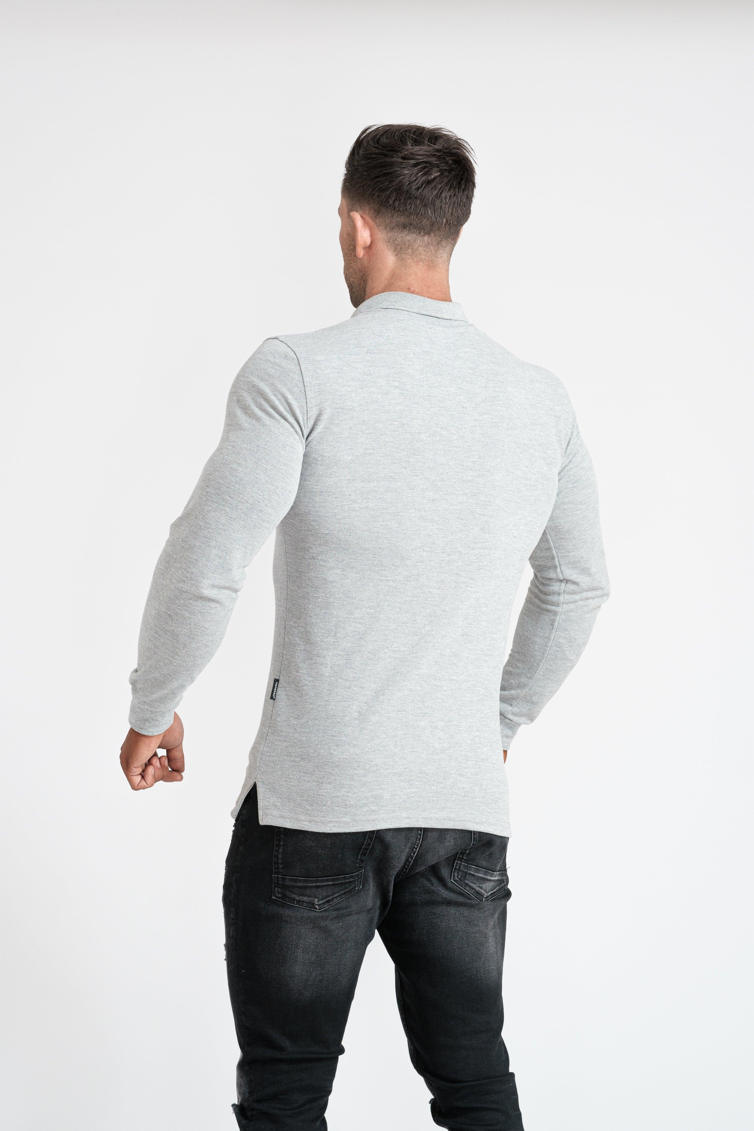 Long Sleeve Grey Tapered Fit Polo Shirt - Image 15