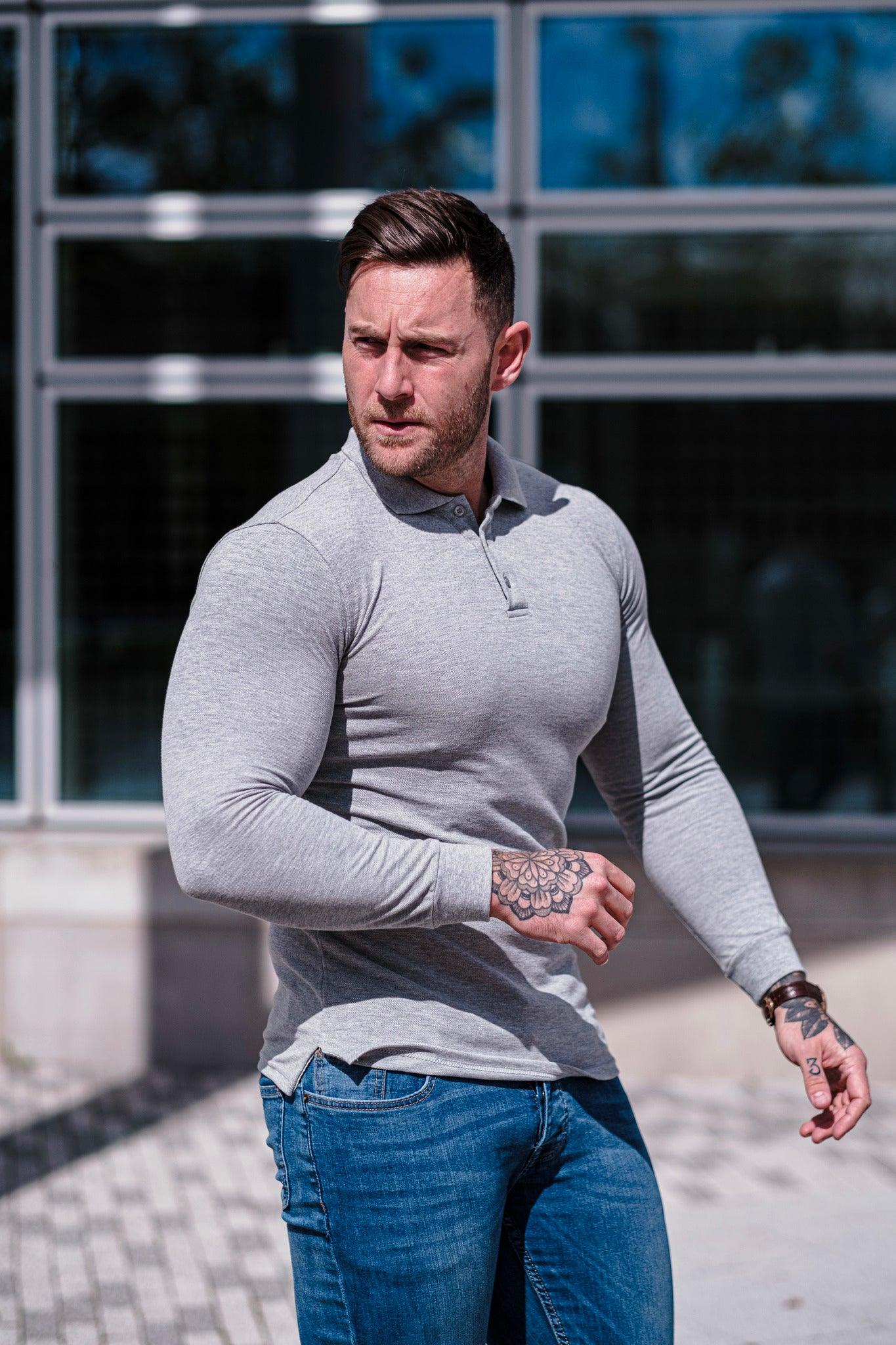 Long Sleeve Grey Tapered Fit Polo Shirt - Image 17