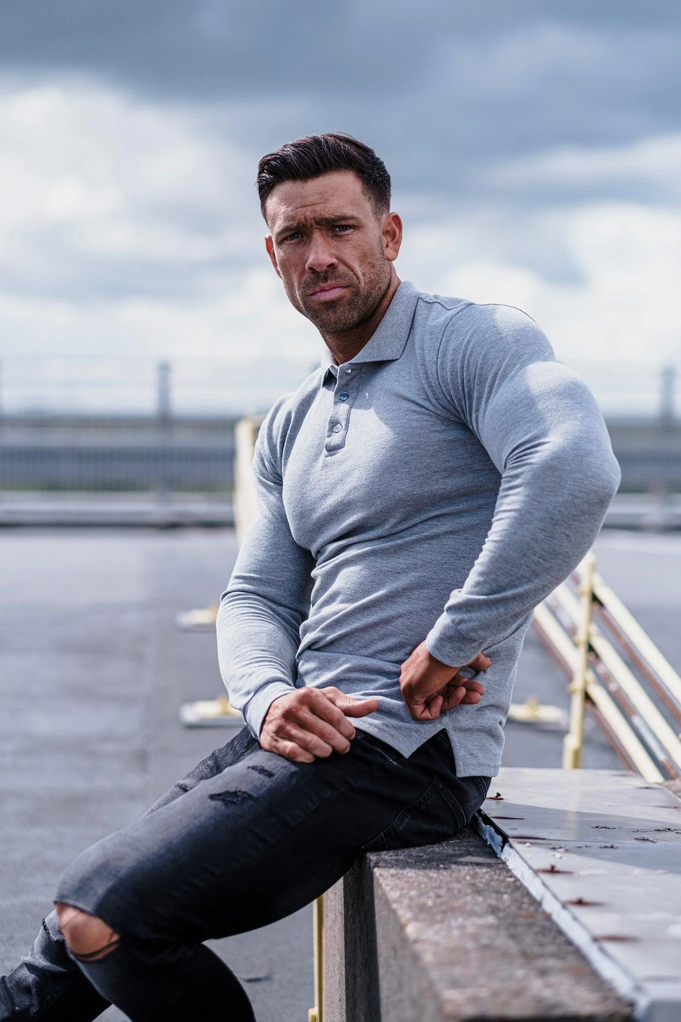 Long Sleeve Grey Tapered Fit Polo Shirt - Image 18