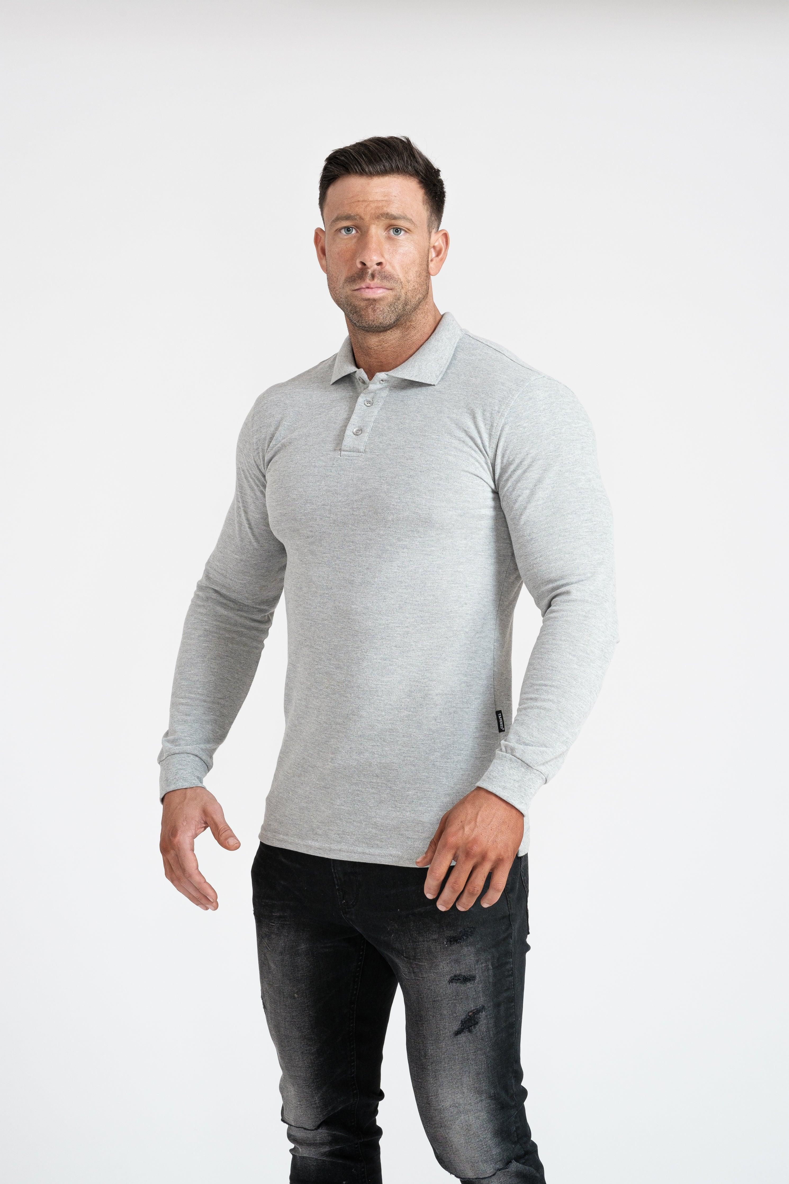 Long Sleeve Grey Tapered Fit Polo Shirt - Image 22