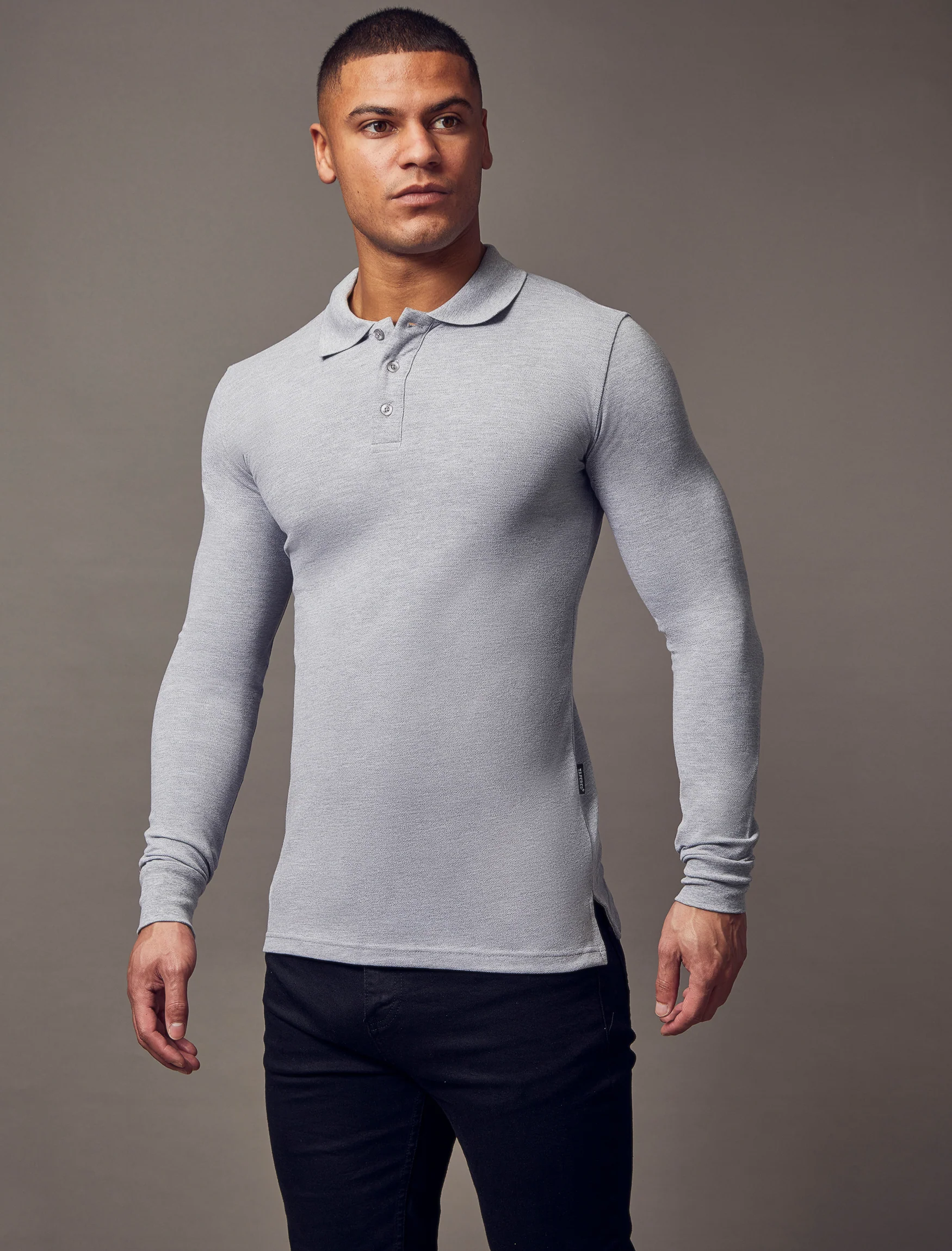 Long Sleeve Grey Tapered Fit Polo Shirt - Image 3