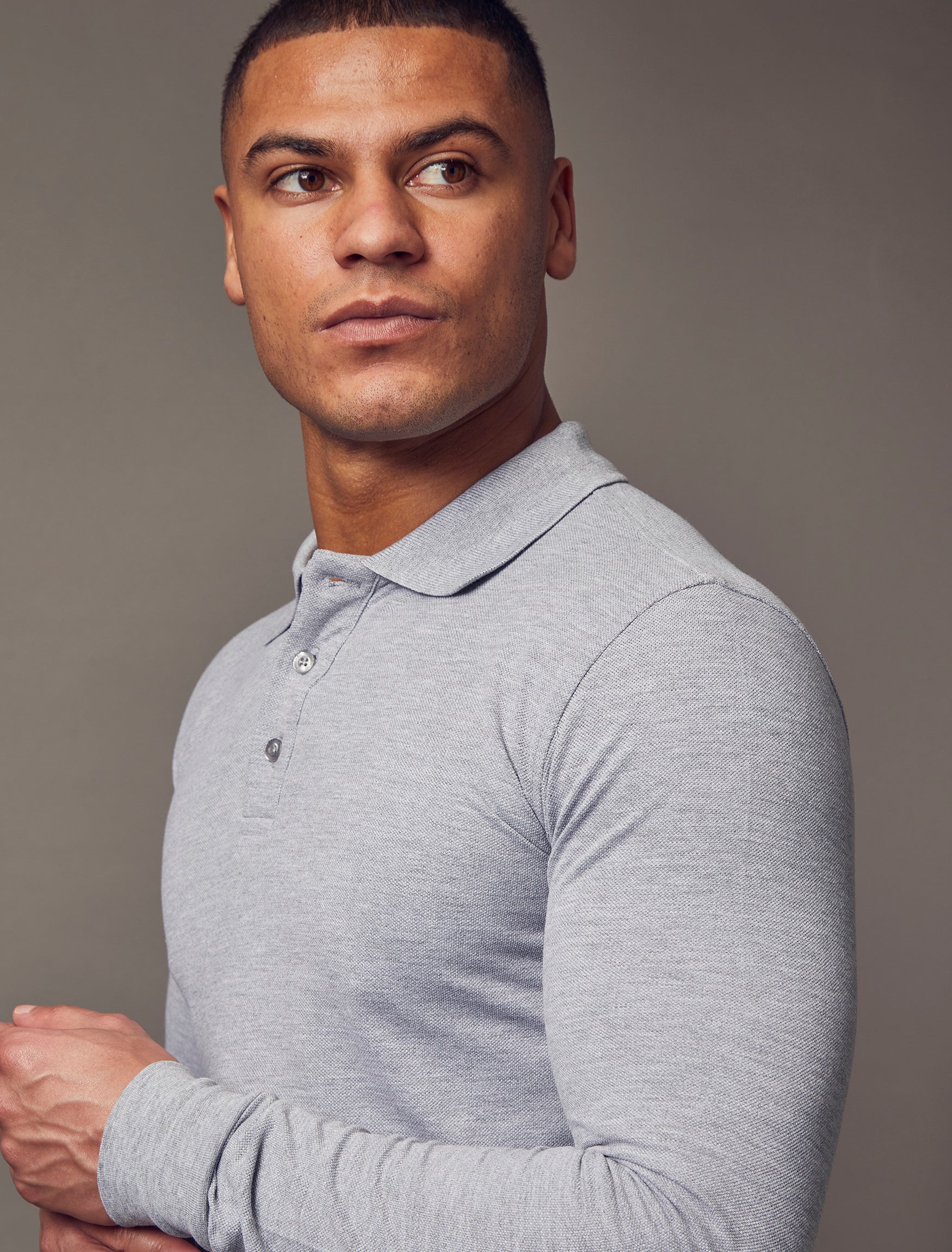 Long Sleeve Grey Tapered Fit Polo Shirt - Image 4