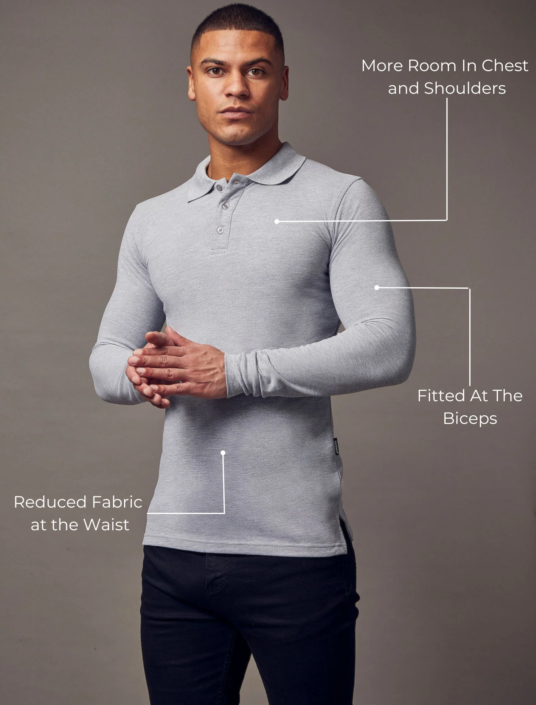 Long Sleeve Grey Tapered Fit Polo Shirt - Image 5