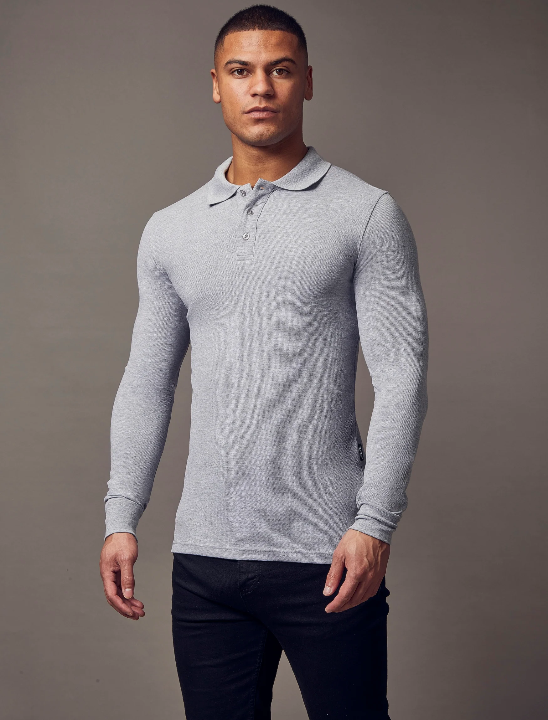 Long Sleeve Grey Tapered Fit Polo Shirt - Image 6