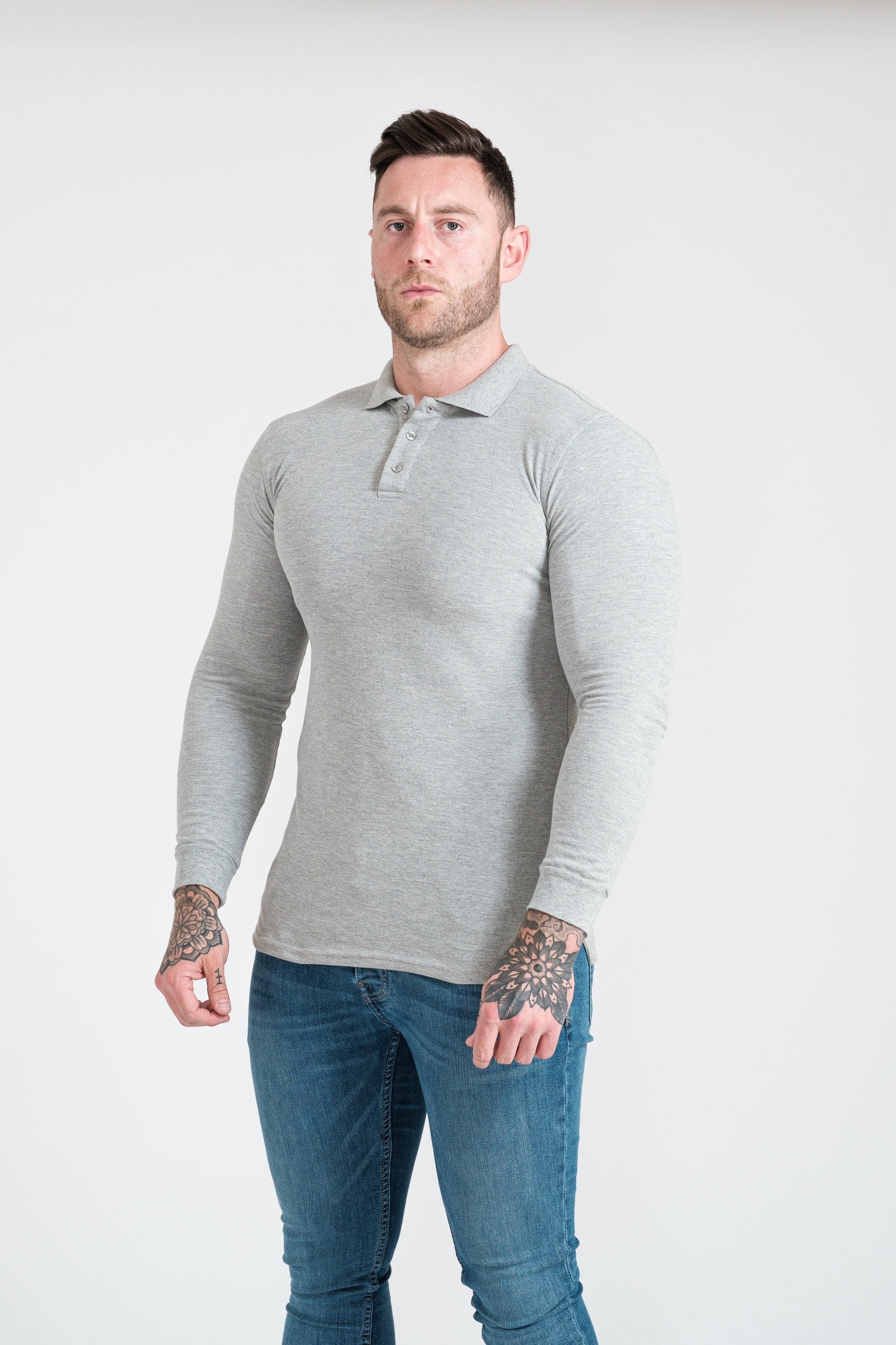 Long Sleeve Grey Tapered Fit Polo Shirt - Image 7