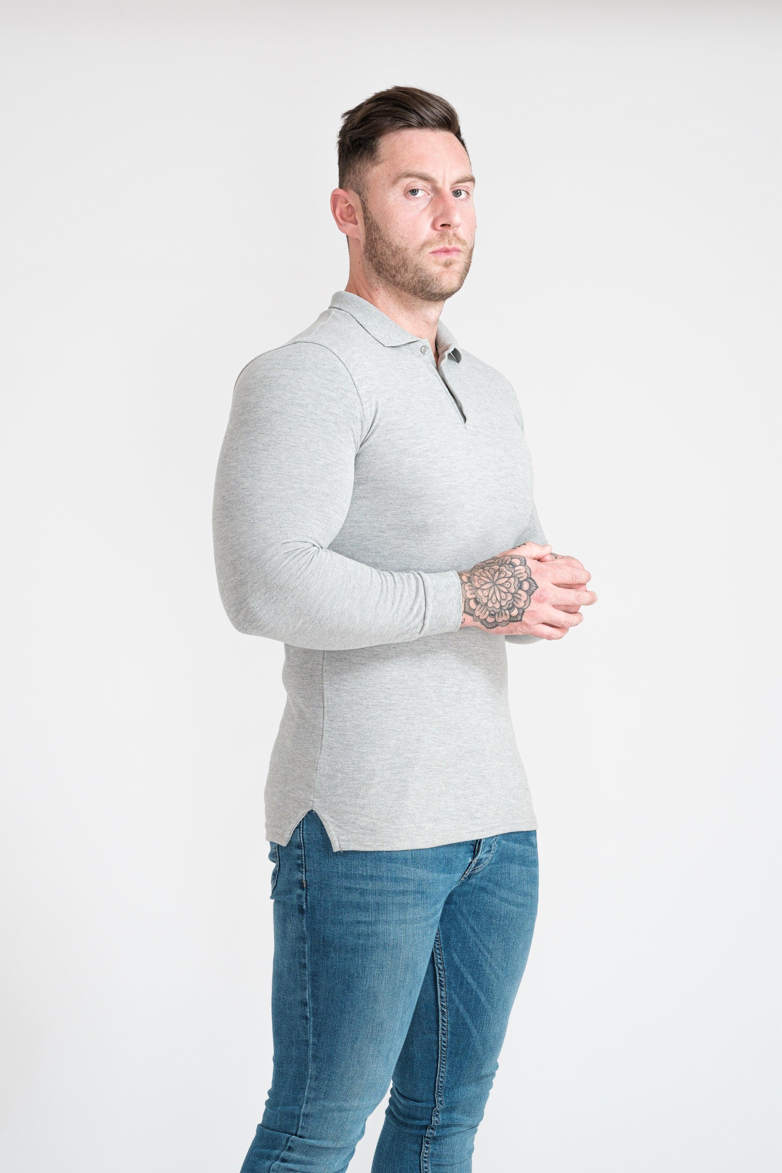 Long Sleeve Grey Tapered Fit Polo Shirt - Image 8