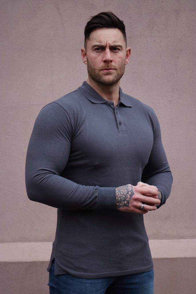Long Sleeve Dark Grey Tapered Fit Polo Shirt - Image 10