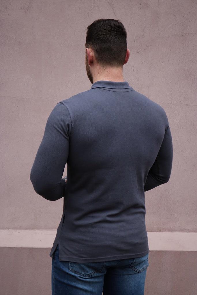 Long Sleeve Dark Grey Tapered Fit Polo Shirt - Image 11