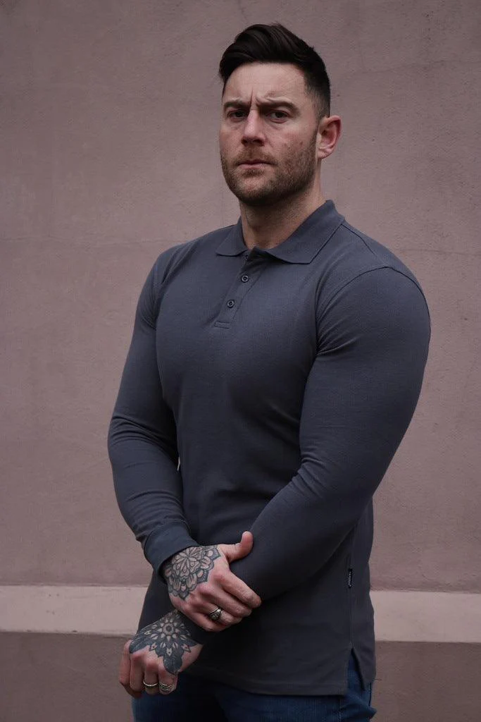 Long Sleeve Dark Grey Tapered Fit Polo Shirt - Image 12