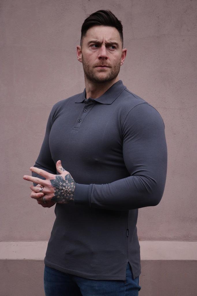 Long Sleeve Dark Grey Tapered Fit Polo Shirt - Image 13