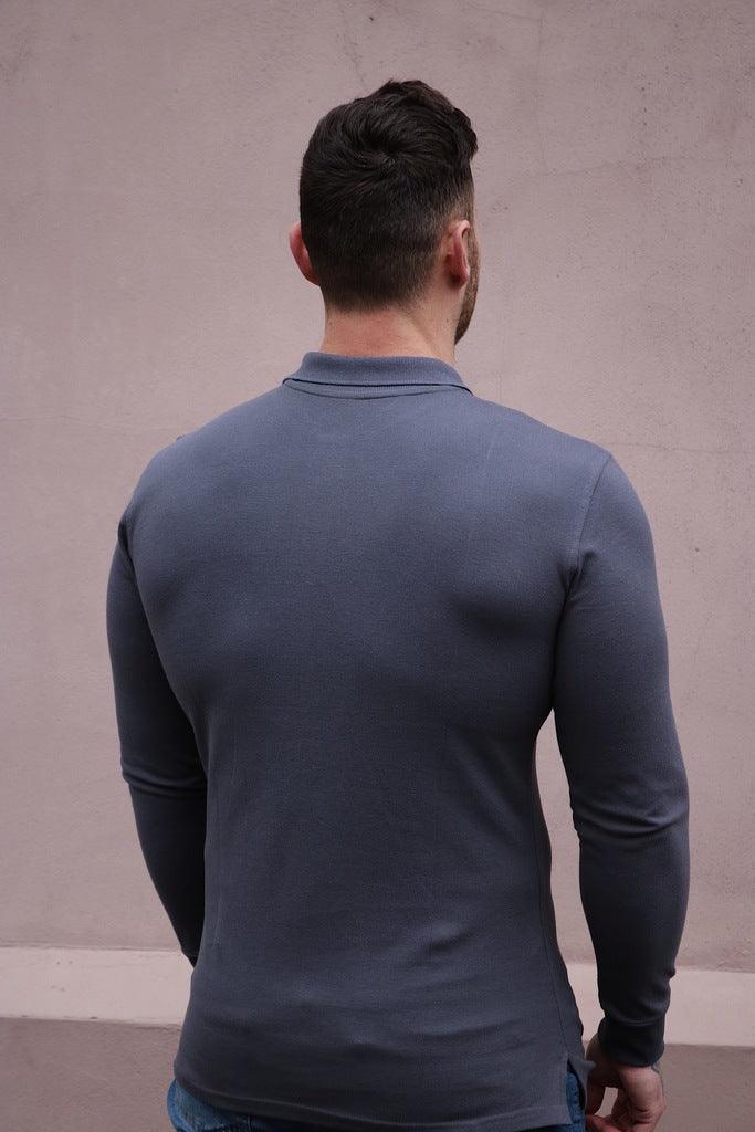 Long Sleeve Dark Grey Tapered Fit Polo Shirt - Image 14