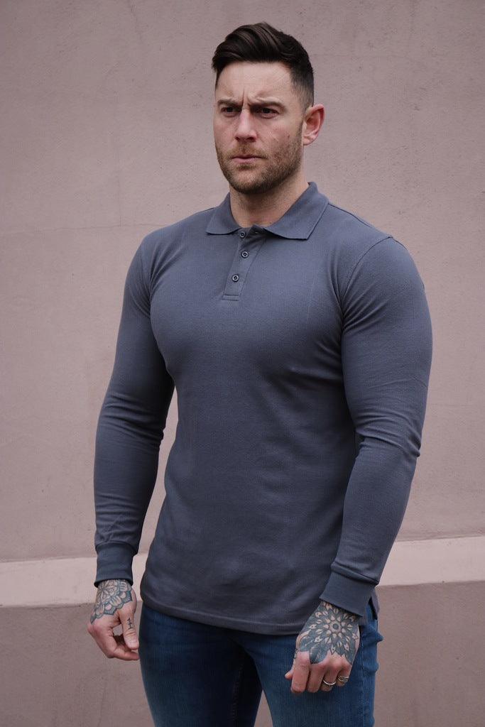 Long Sleeve Dark Grey Tapered Fit Polo Shirt - Image 15