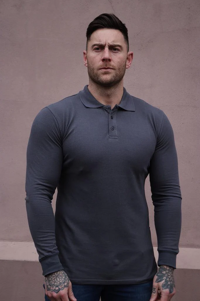 Long Sleeve Dark Grey Tapered Fit Polo Shirt - Image 16