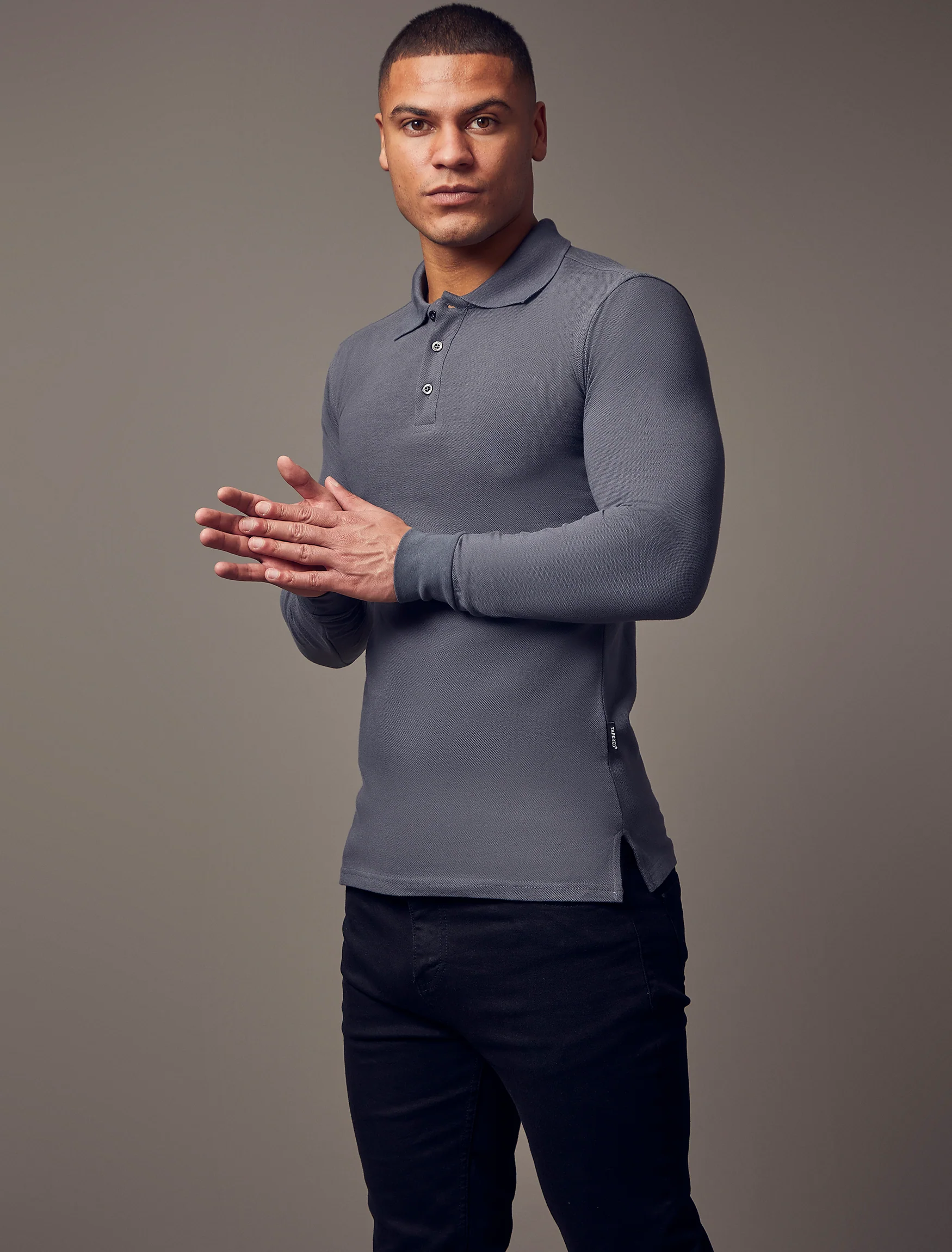 Long Sleeve Dark Grey Tapered Fit Polo Shirt - Image 3