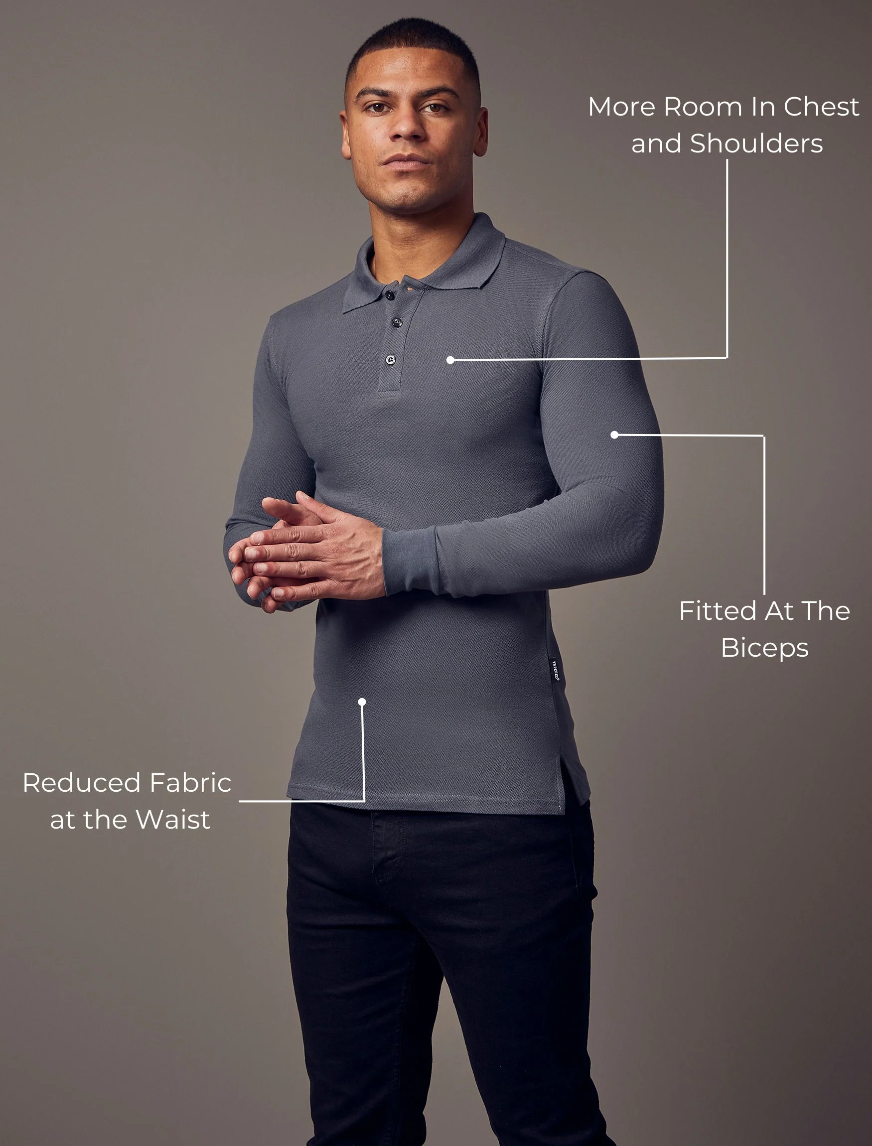 Long Sleeve Dark Grey Tapered Fit Polo Shirt - Image 4
