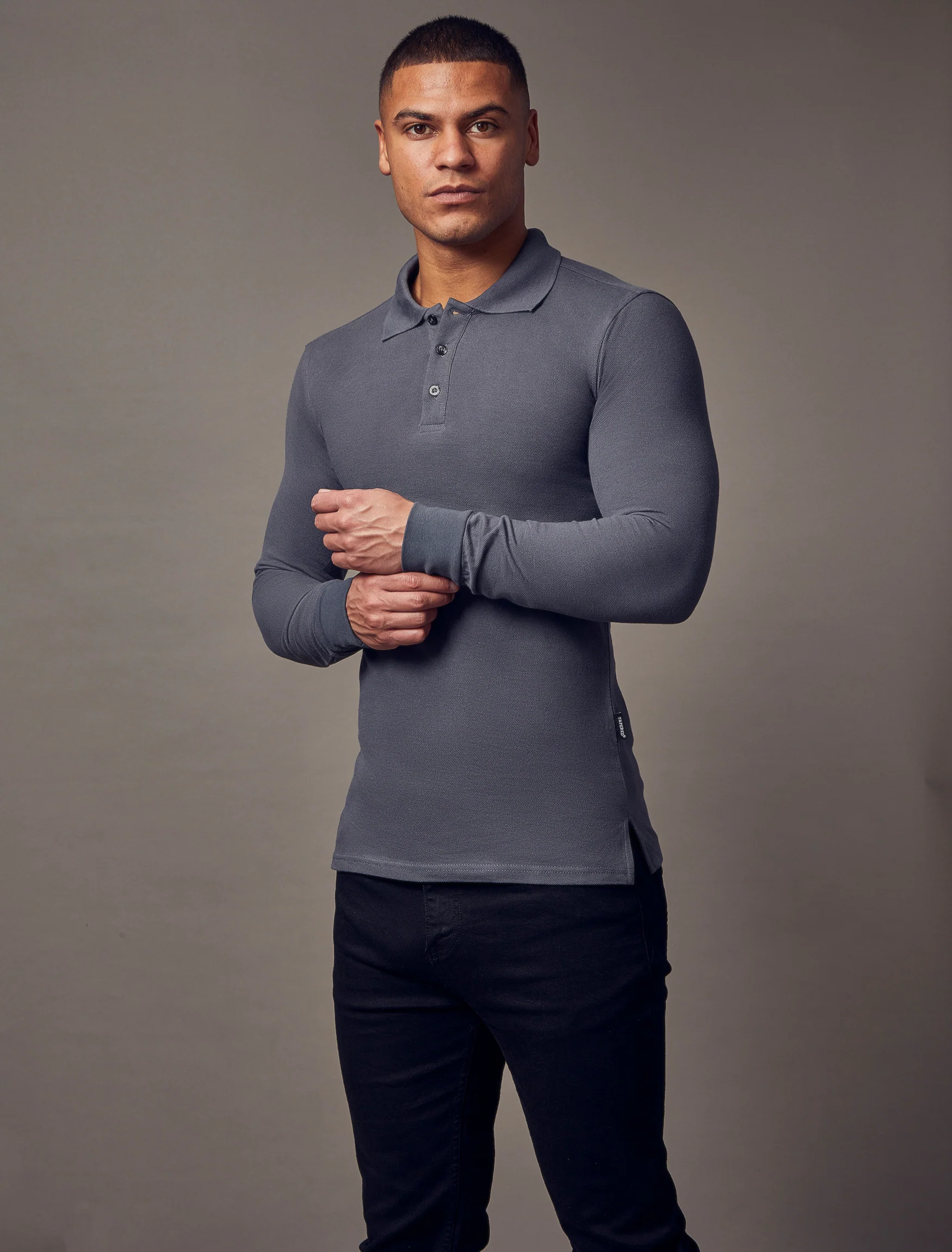 Long Sleeve Dark Grey Tapered Fit Polo Shirt - Image 5