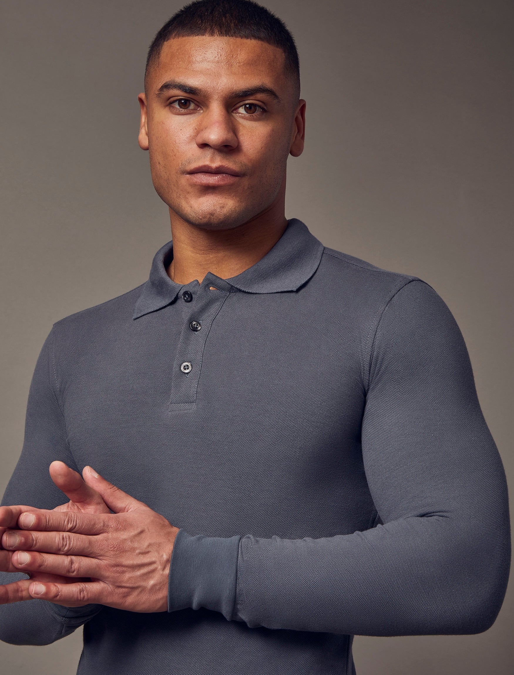 Long Sleeve Dark Grey Tapered Fit Polo Shirt - Image 6