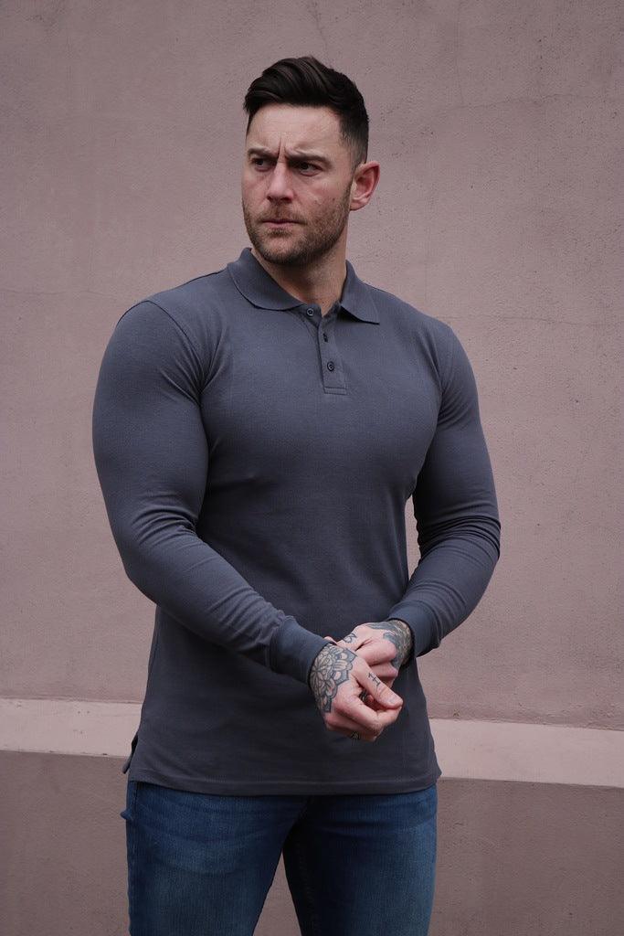 Long Sleeve Dark Grey Tapered Fit Polo Shirt - Image 7