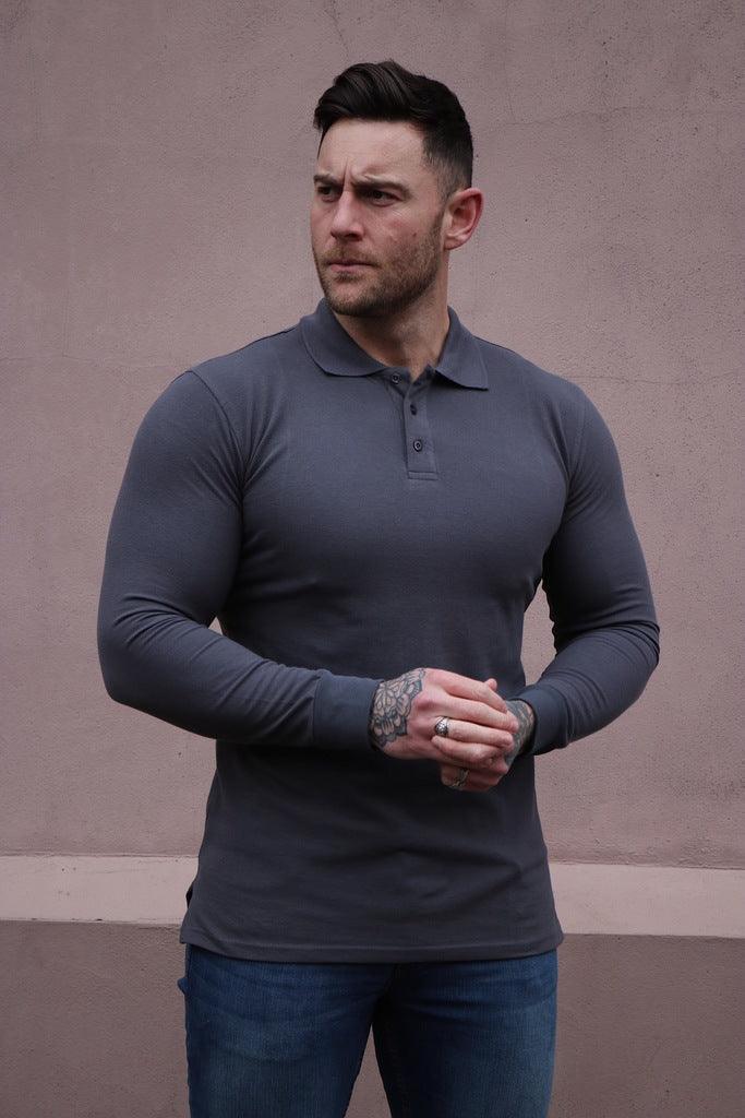 Long Sleeve Dark Grey Tapered Fit Polo Shirt - Image 8