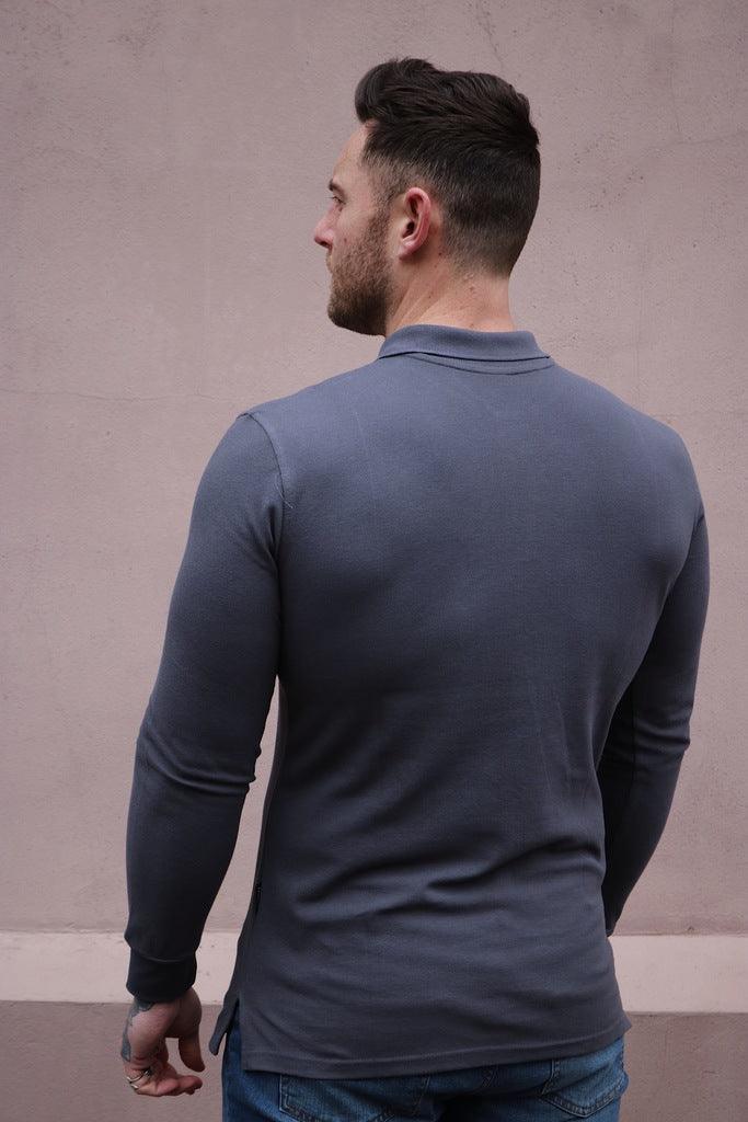 Long Sleeve Dark Grey Tapered Fit Polo Shirt - Image 9
