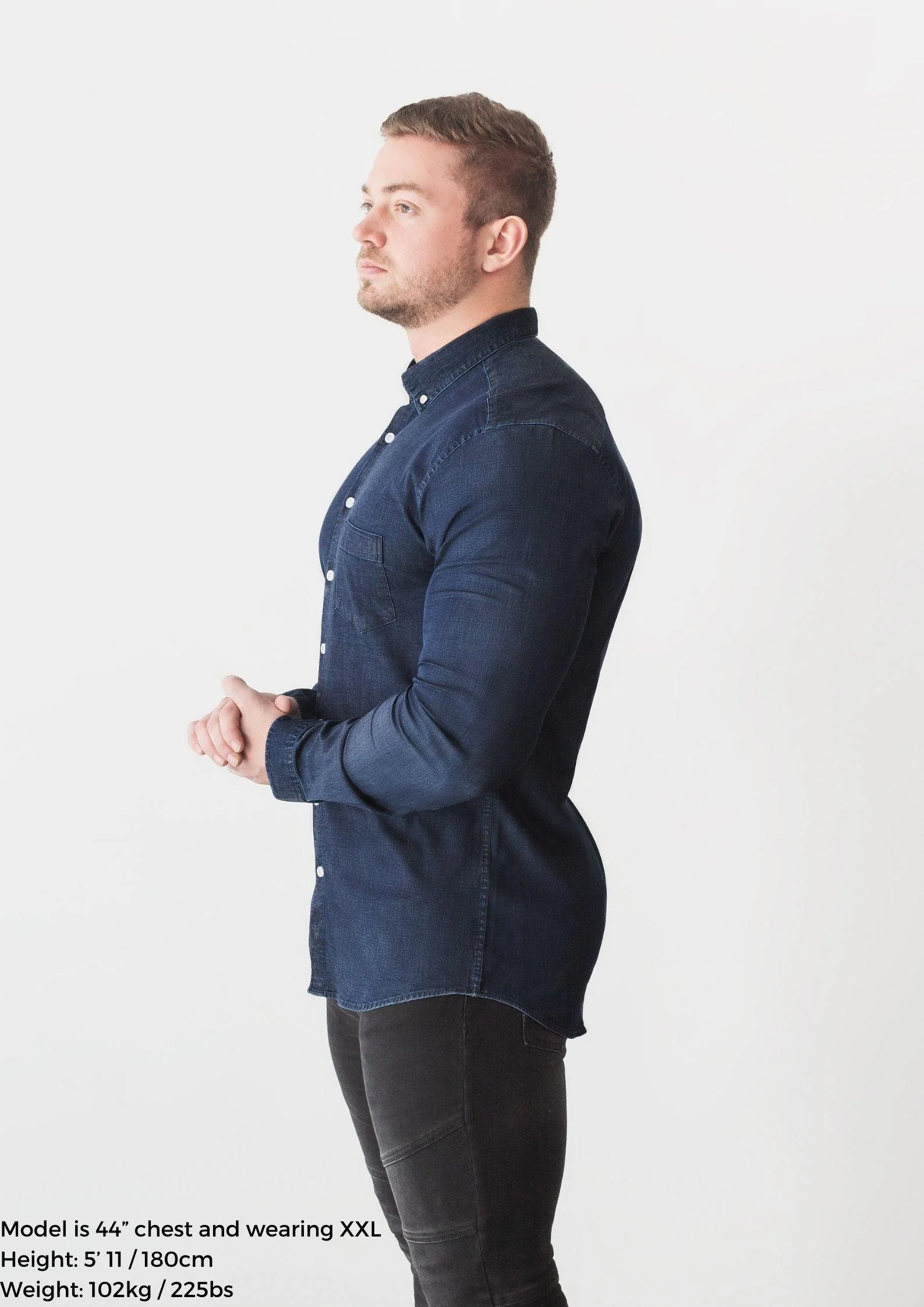 Navy Denim Tapered Fit Shirt - Image 9
