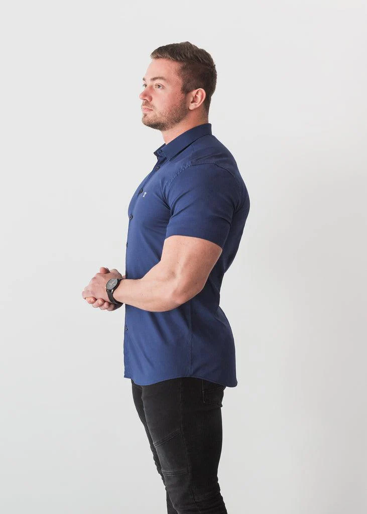 Navy Short Sleeve Tapered Fit Bodybuilder Shirt - Image 3