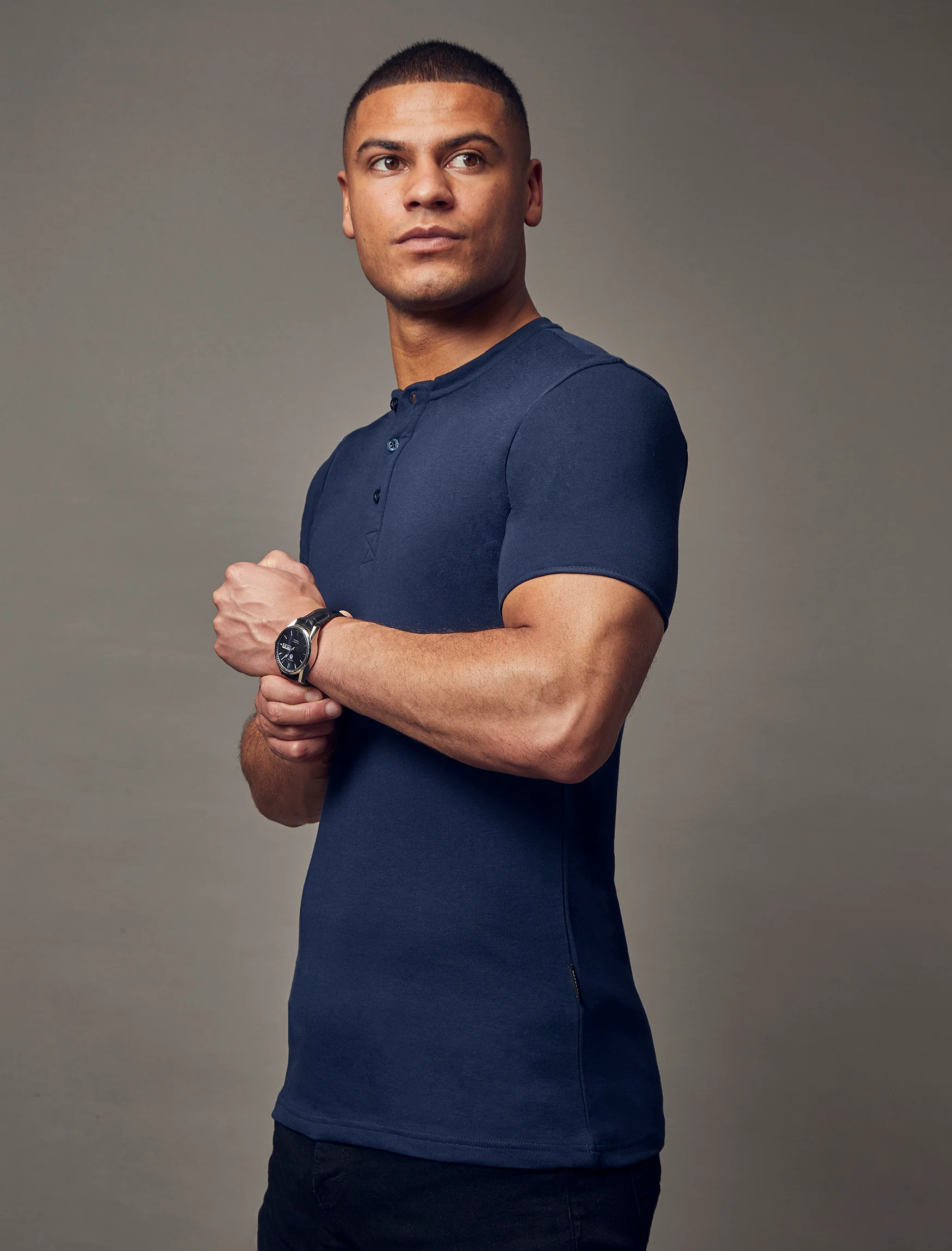 Navy Short Sleeve Tapered Fit Henley - Image 3