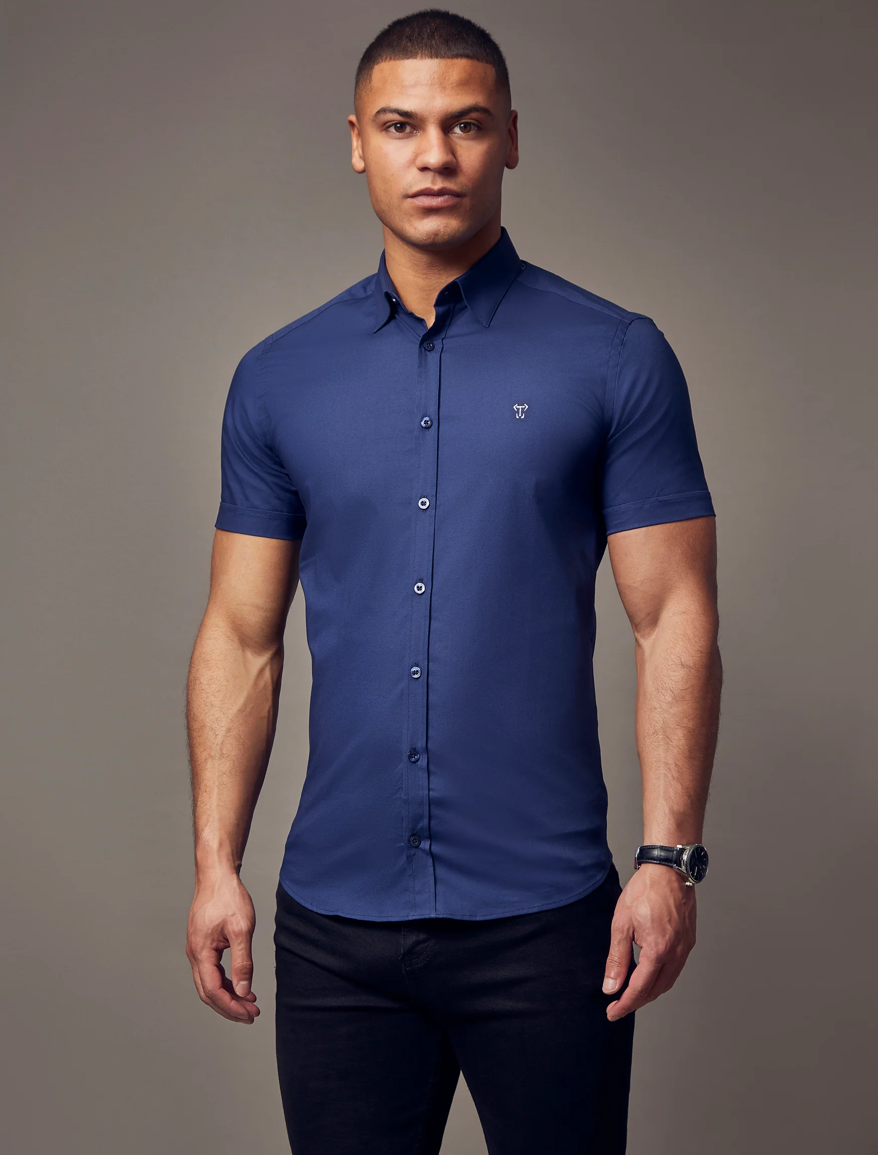 Navy Short Sleeve Tapered Fit Shirt - Image 3