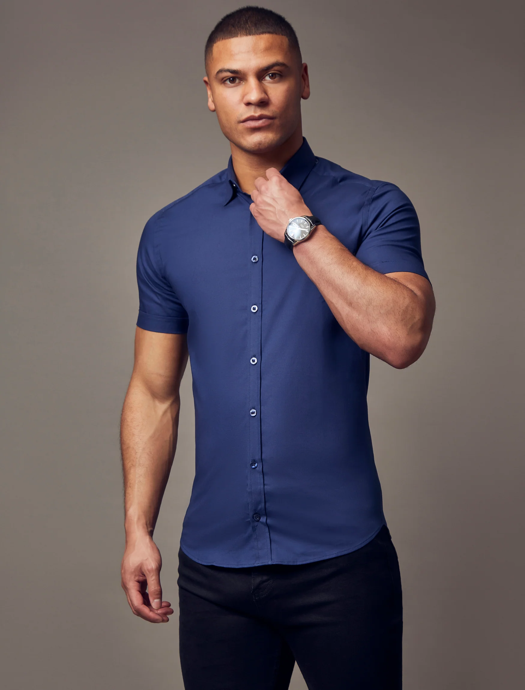 Navy Short Sleeve Tapered Fit Shirt - Image 4