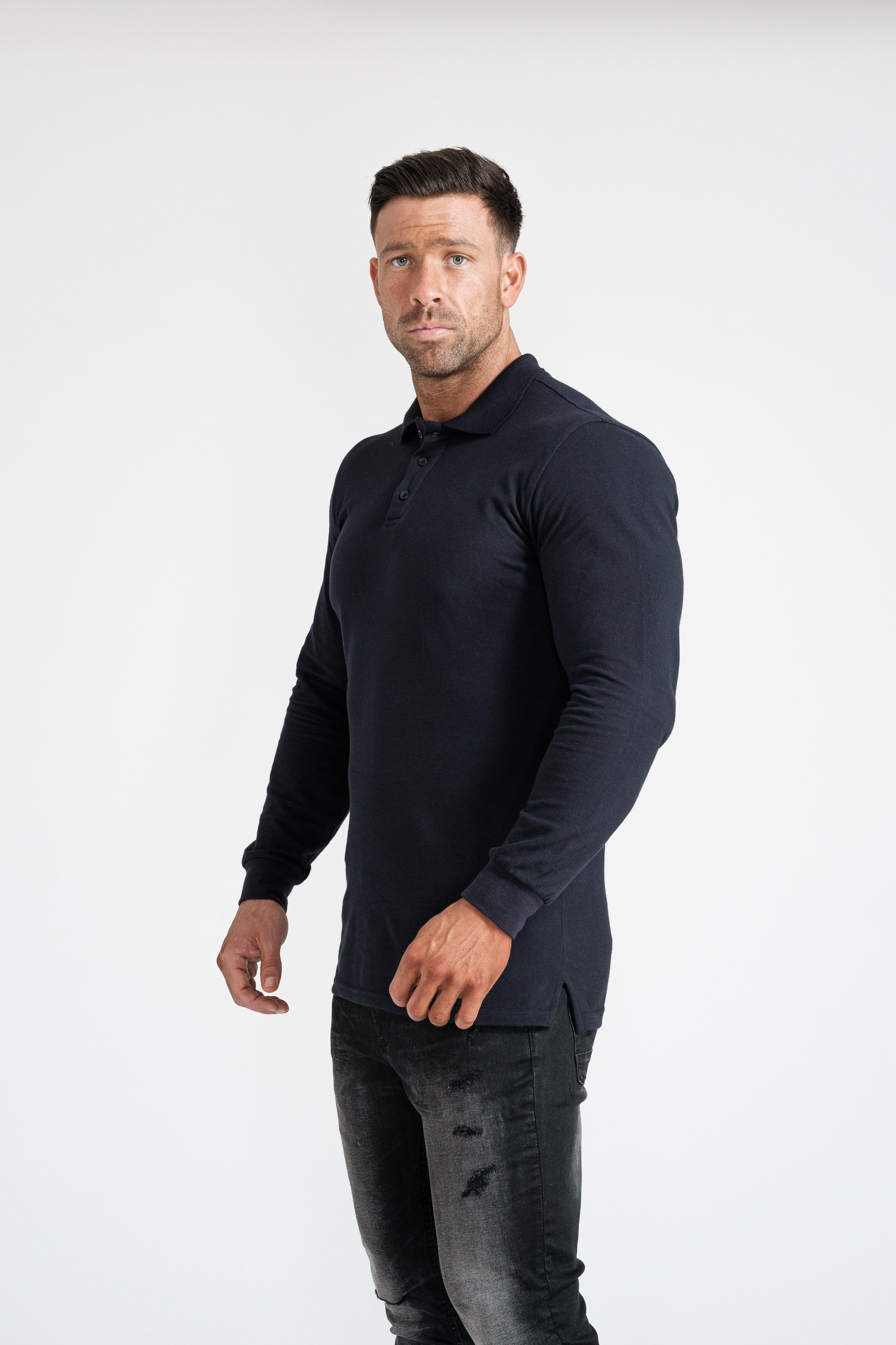 Long Sleeve Navy Tapered Fit Polo Shirt - Image 10