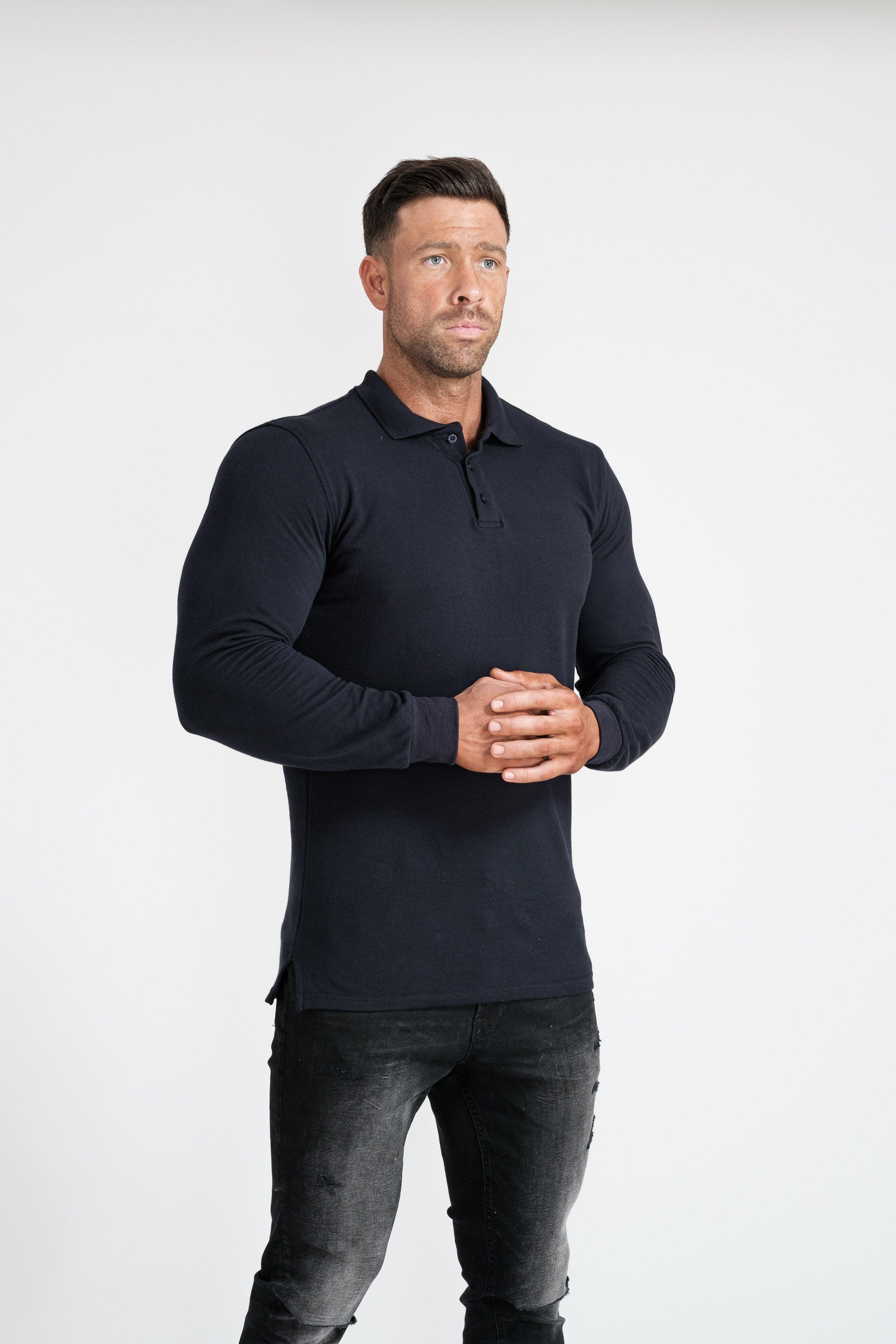 Long Sleeve Navy Tapered Fit Polo Shirt - Image 11