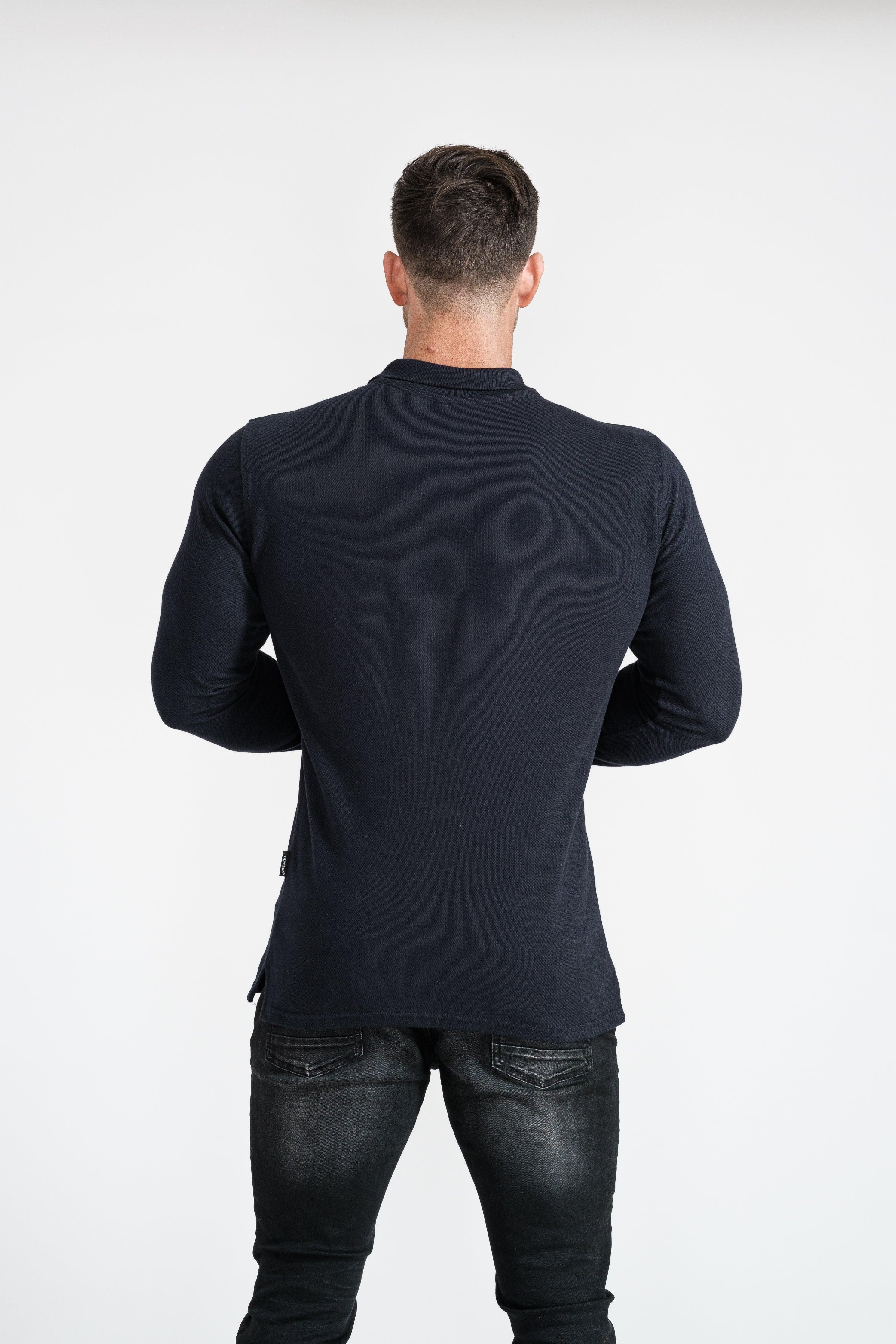 Long Sleeve Navy Tapered Fit Polo Shirt - Image 12