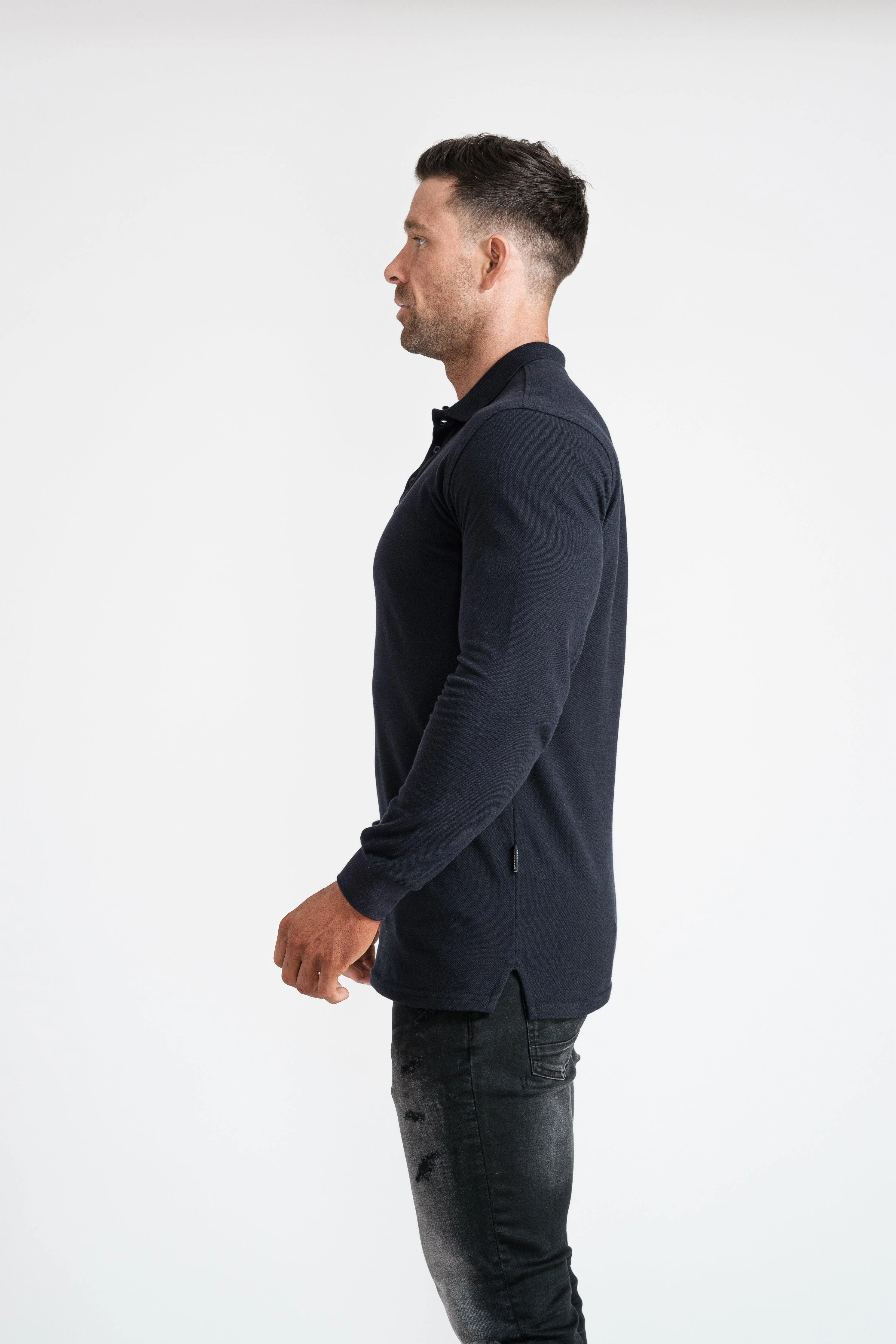 Long Sleeve Navy Tapered Fit Polo Shirt - Image 13