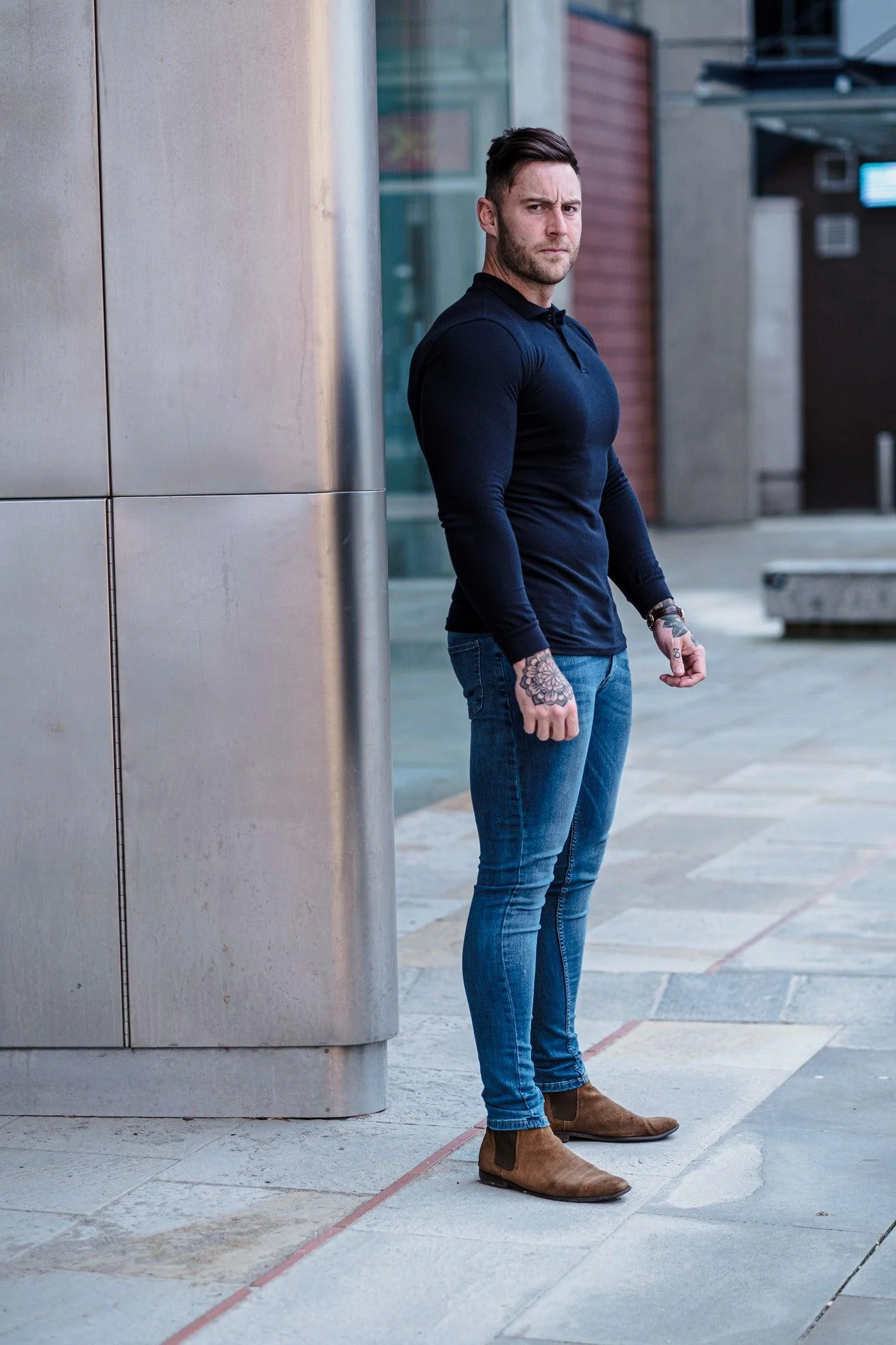 Long Sleeve Navy Tapered Fit Polo Shirt - Image 16